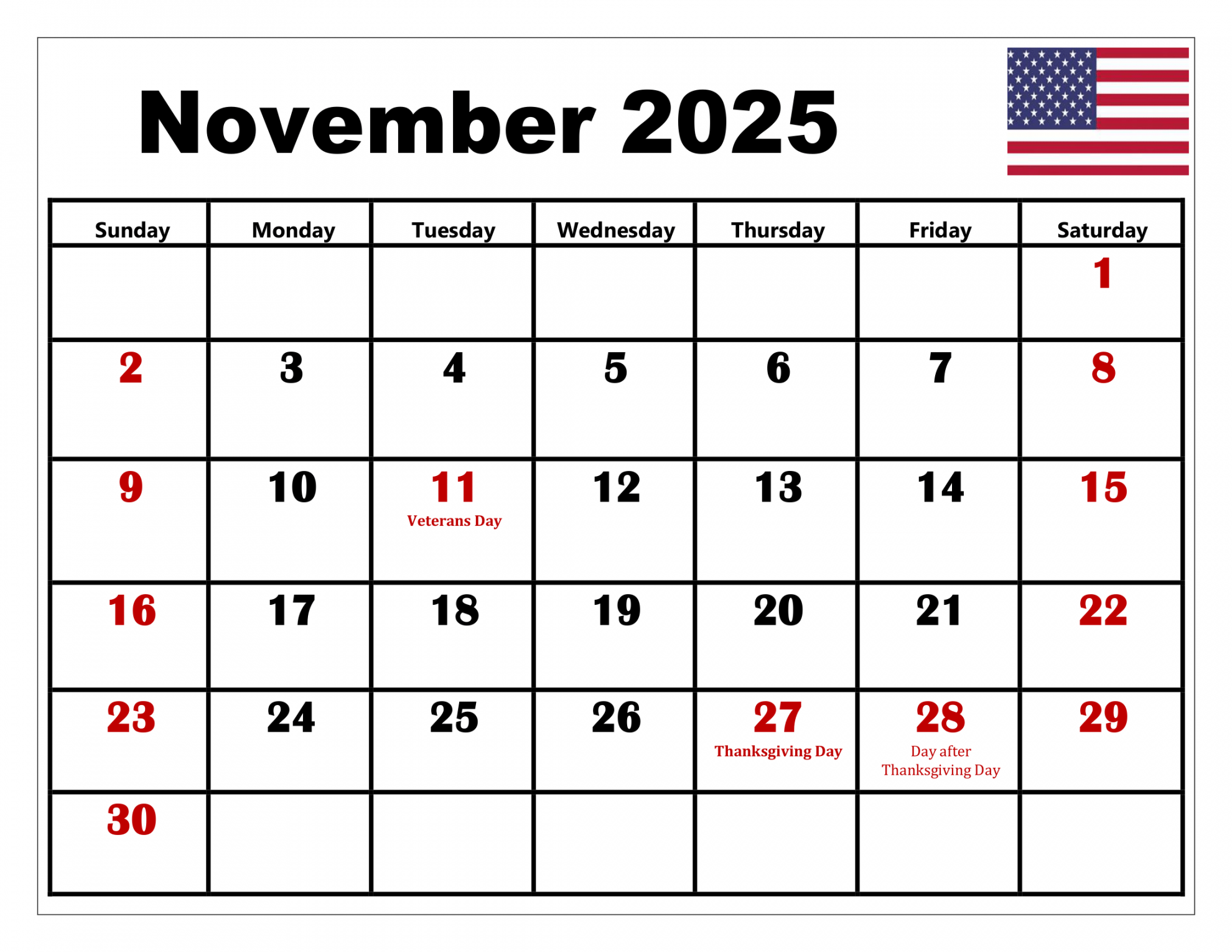 November  Calendar Printable PDF Template with Holidays