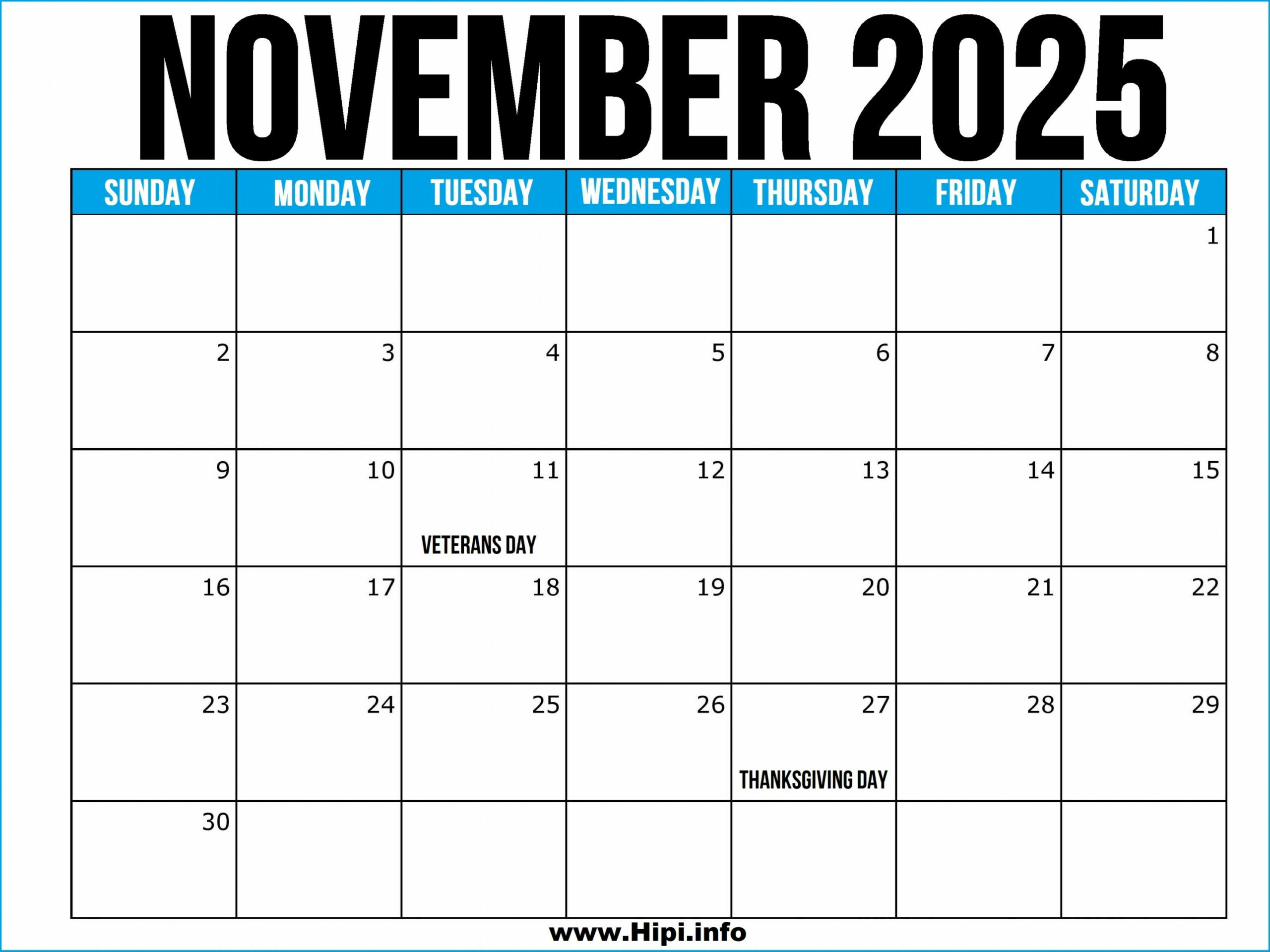 November  Calendar Printable US with Holidays - Hipi