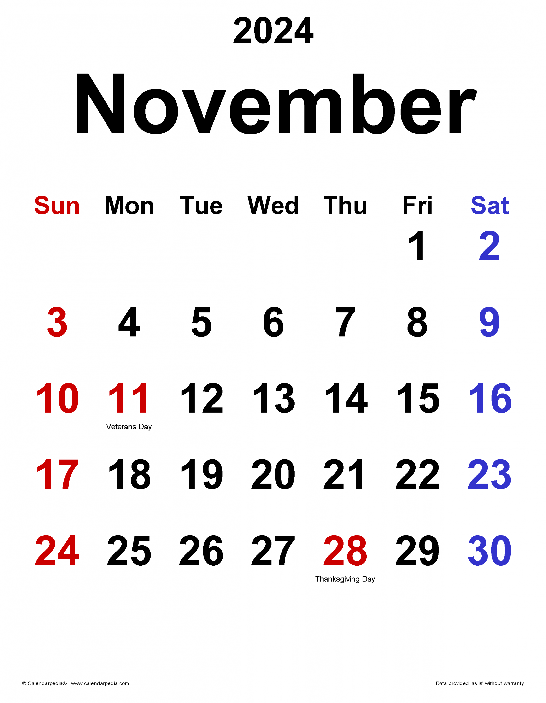 November  Calendar  Templates for Word, Excel and PDF