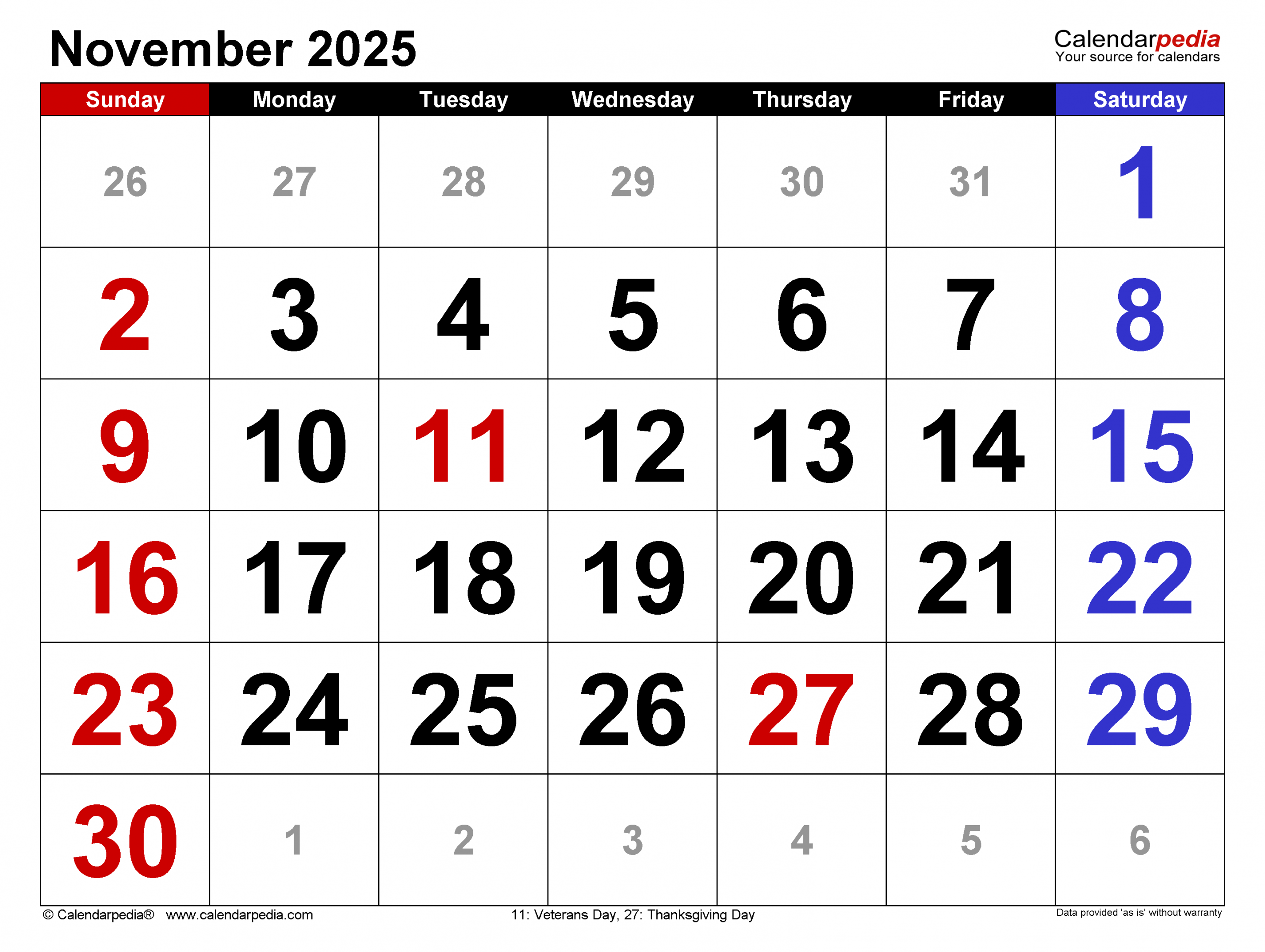 November  Calendar  Templates for Word, Excel and PDF