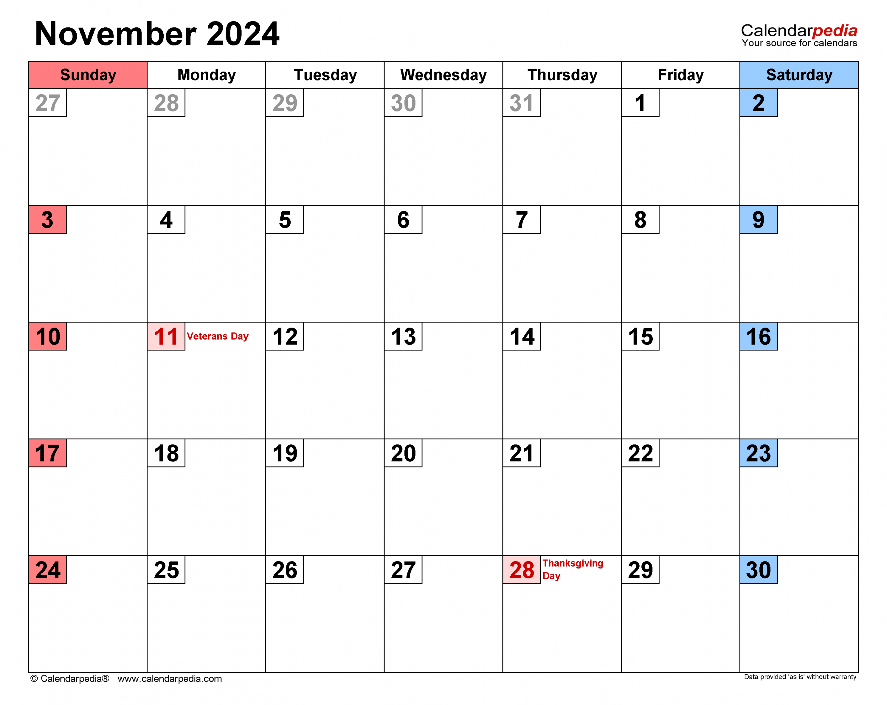 November  Calendar  Templates for Word, Excel and PDF