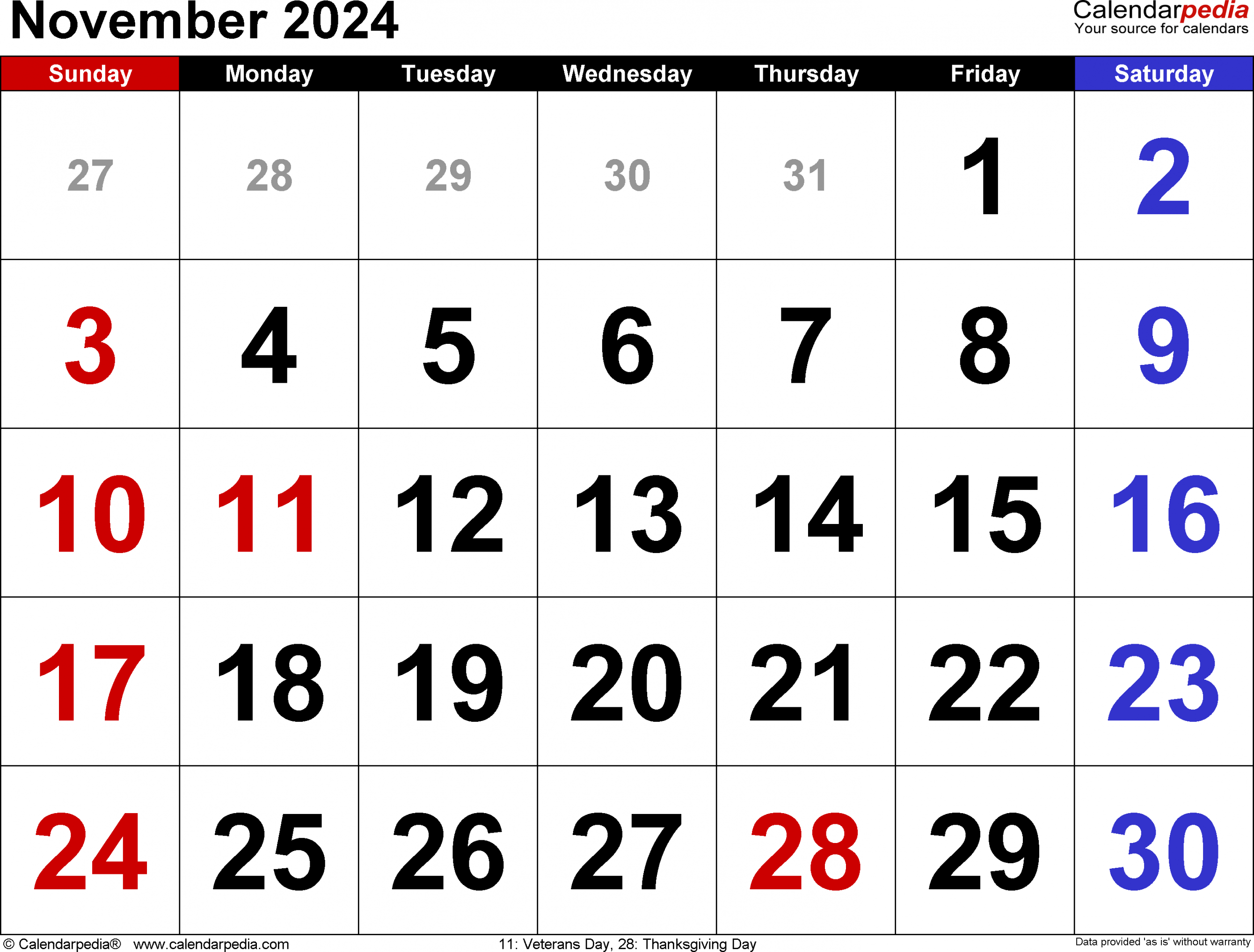 November  Calendar  Templates for Word, Excel and PDF