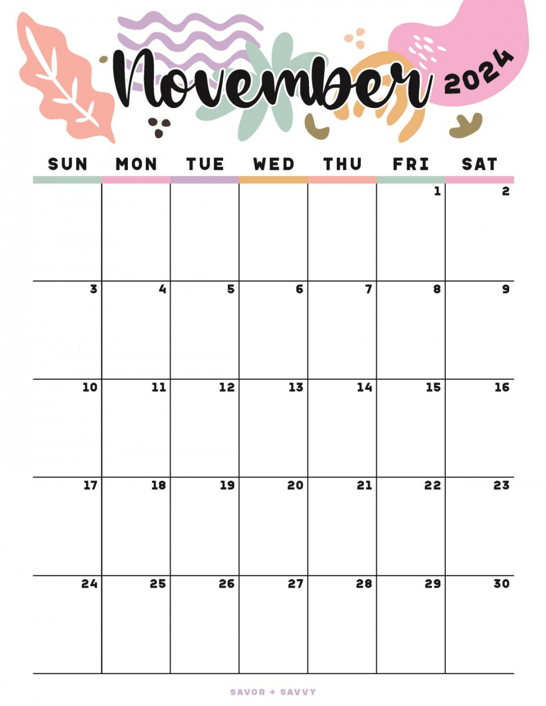 November  Calendar Templates –  Free Printables - Savor + Savvy