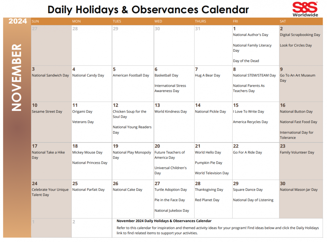 November Daily Holidays & Observances Printable Calendar - S&S Blog