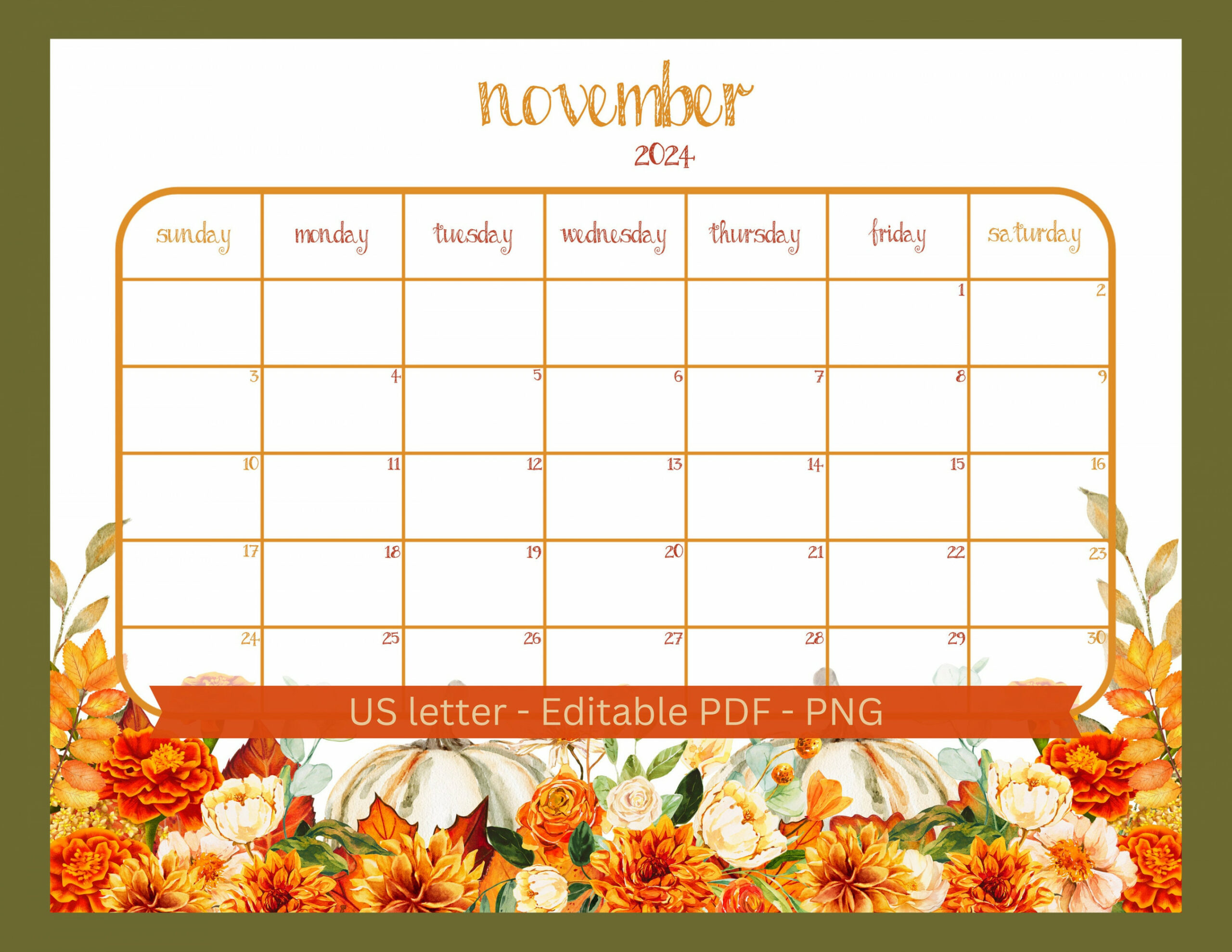 November  Digital Calendar PDF Editable PNG File US Letter