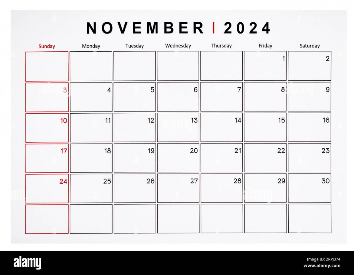 November  monthly calendar page isolated on white background