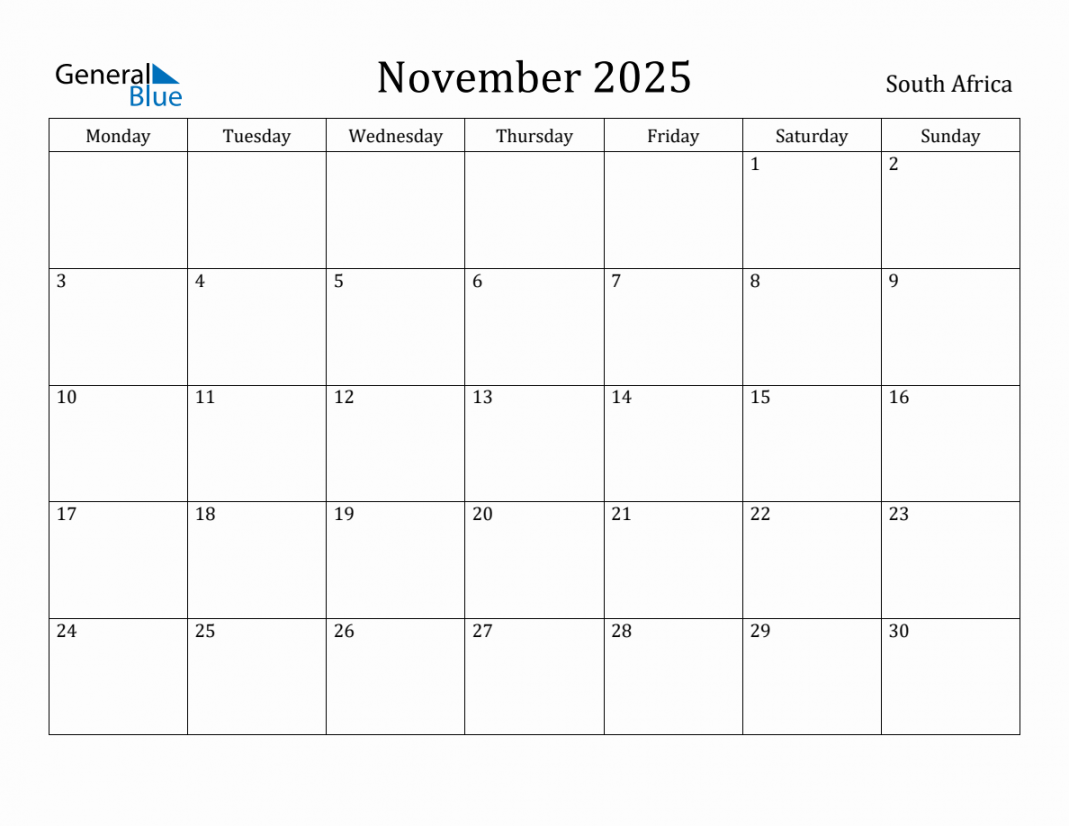 November  Monthly Calendar with South Africa Holidays