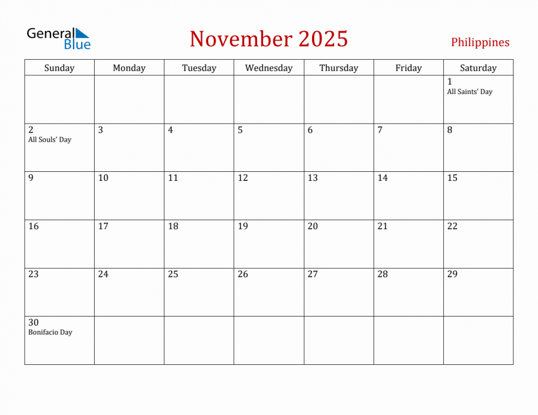 November  Philippines Monthly Calendar with Holidays