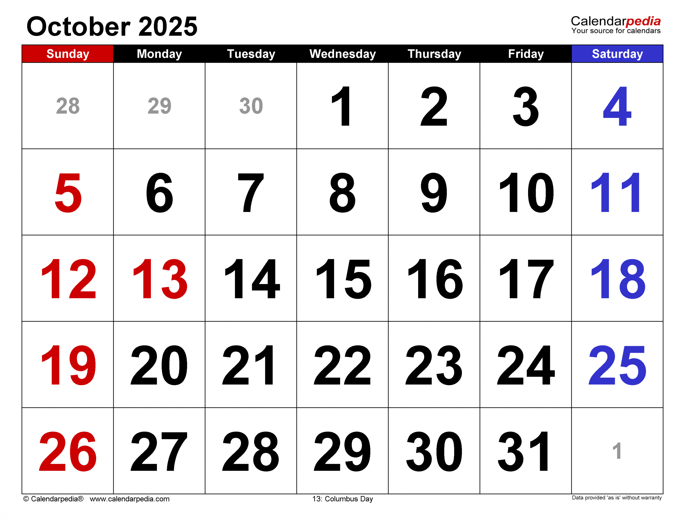 October  Calendar  Templates for Word, Excel and PDF