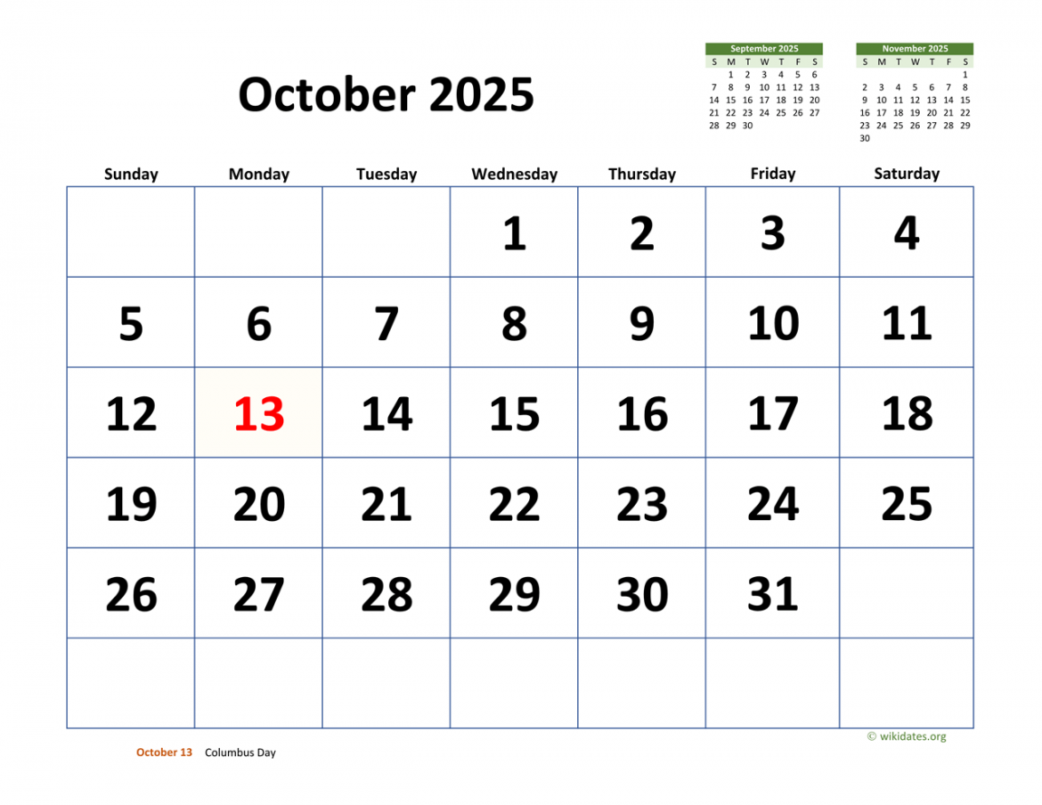 October  Calendar with Extra-large Dates  WikiDates