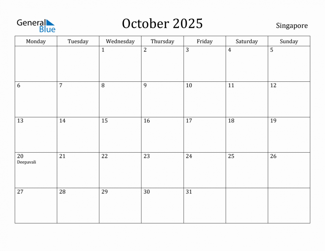 October  - Singapore Monthly Calendar with Holidays