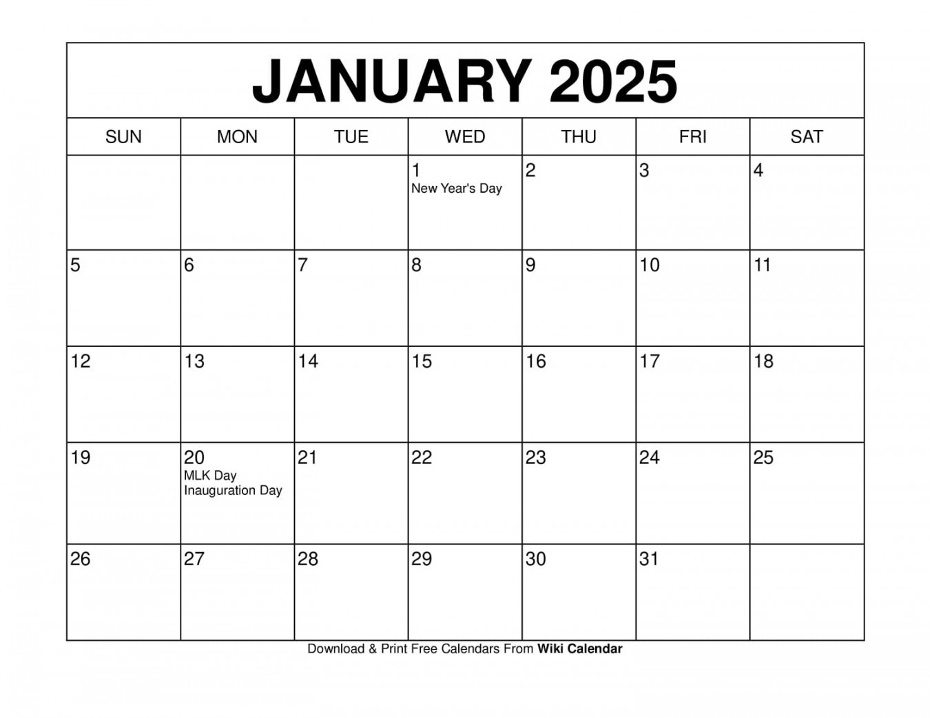 Printable January  Calendar Templates with Holidays