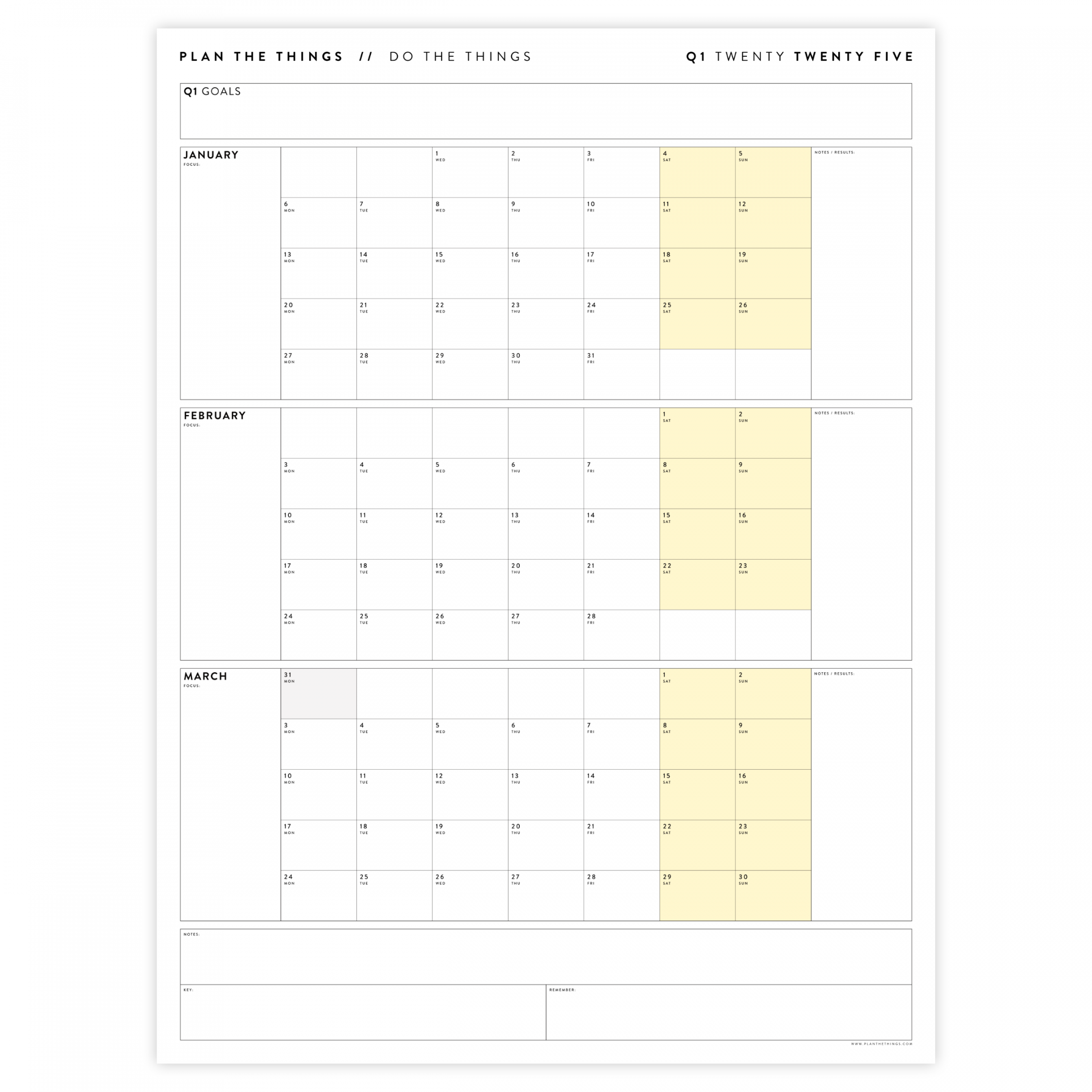 PRINTABLE Q (JANUARY - MARCH)  QUARTERLY WALL CALENDAR