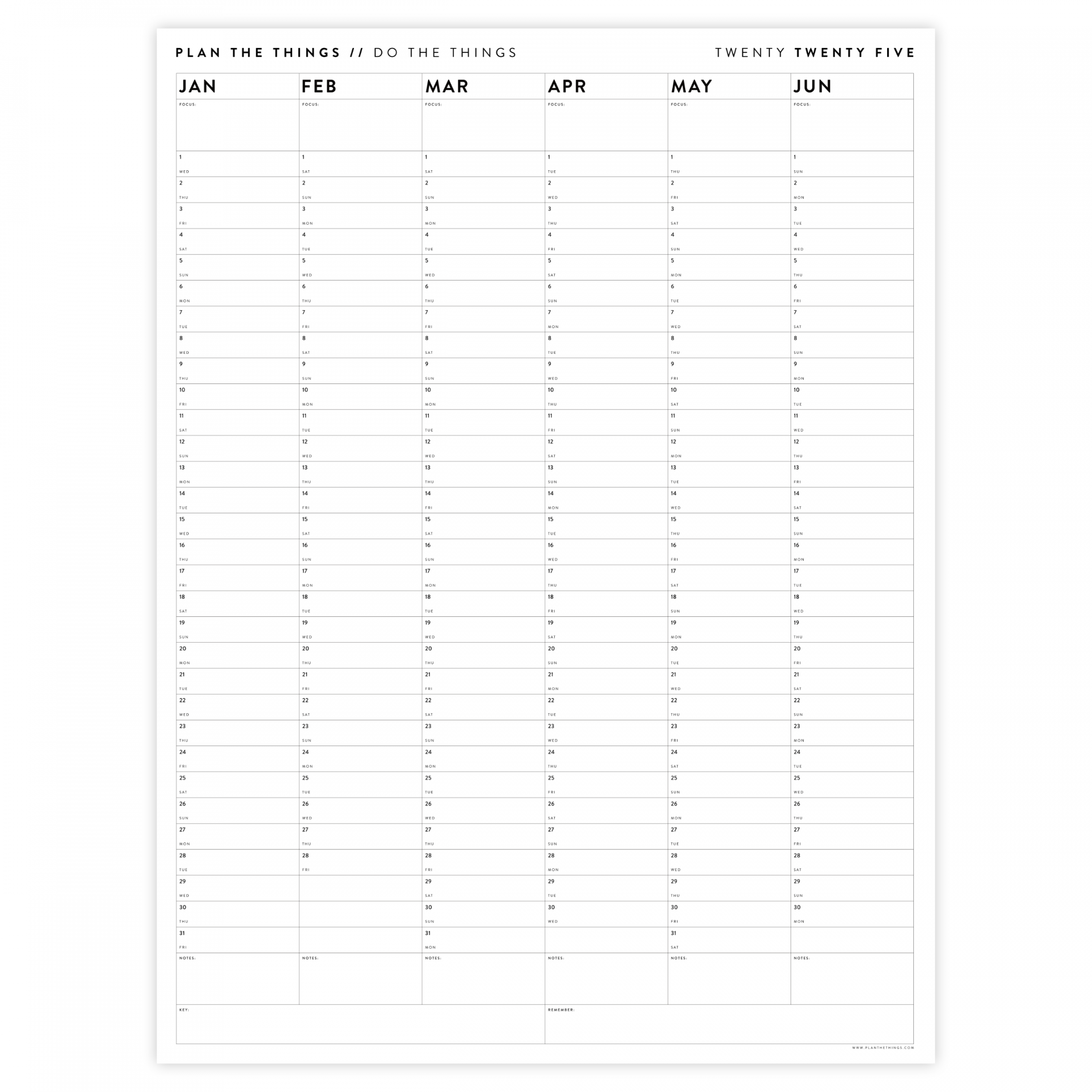 PRINTABLE SIX MONTH  MINIMAL WALL CALENDAR (JANUARY TO JUNE