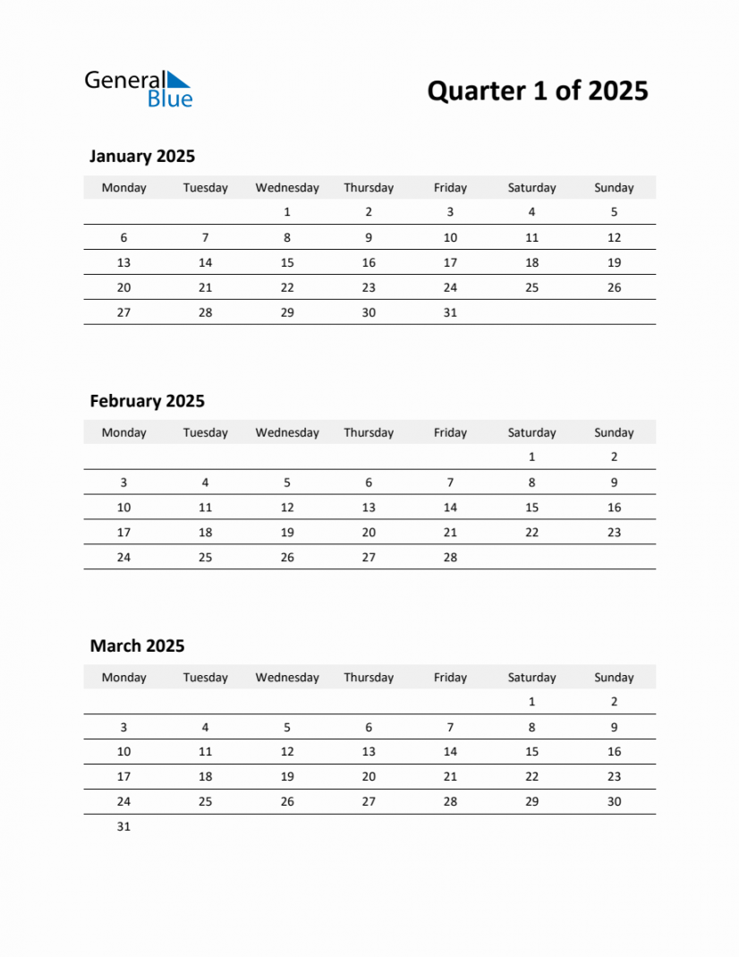 Q Three-Month Calendar (January, February, and March)