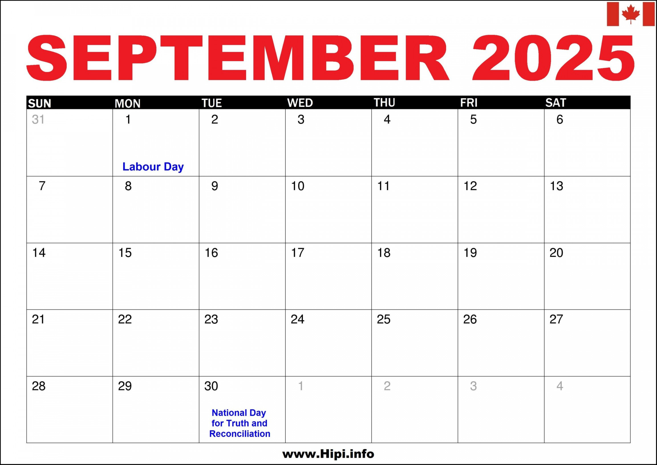 September  Calendar Canada with Holidays - Hipi