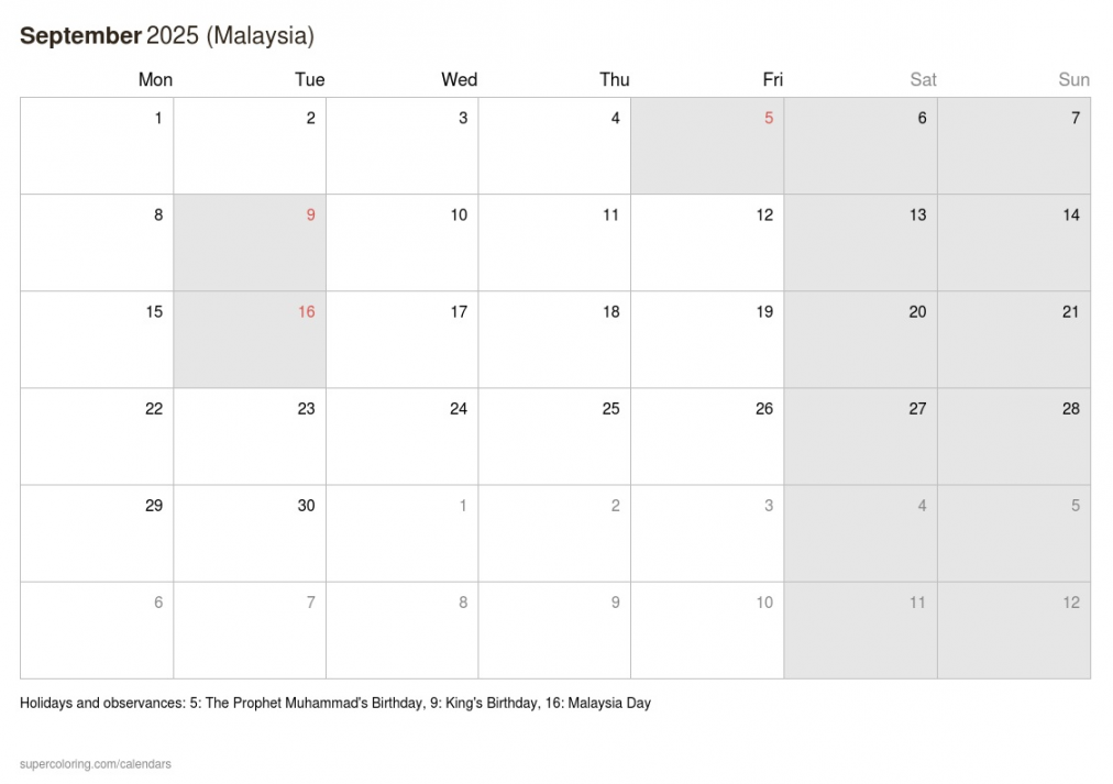 September  calendar - Malaysia