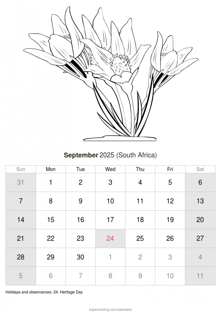 September  calendar - South Africa