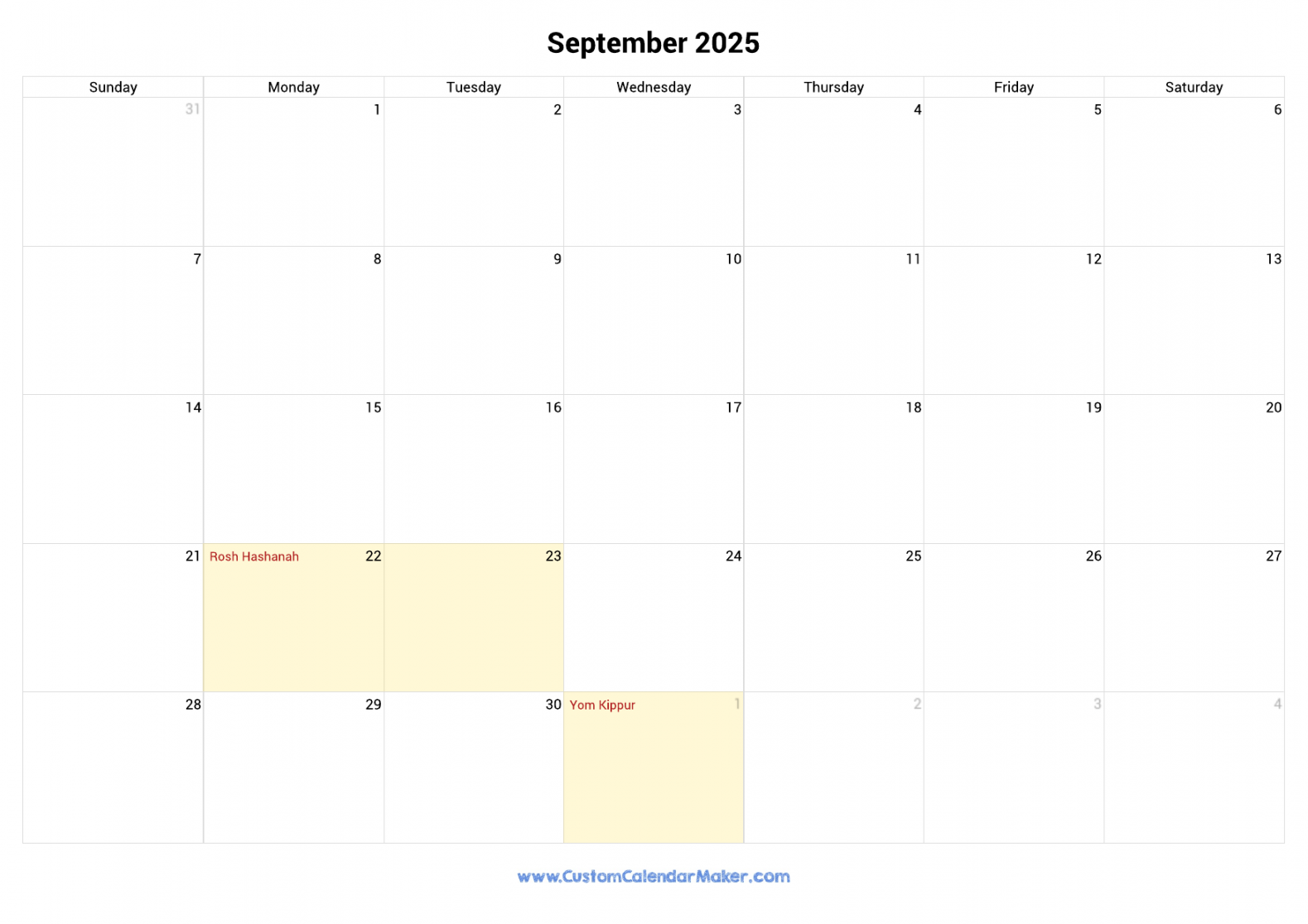 September  Jewish Calendar with Hebrew Holidays