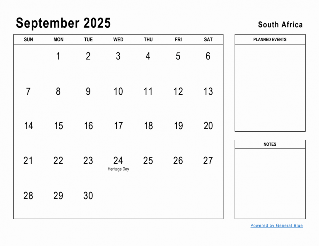 September  Planner with South Africa Holidays