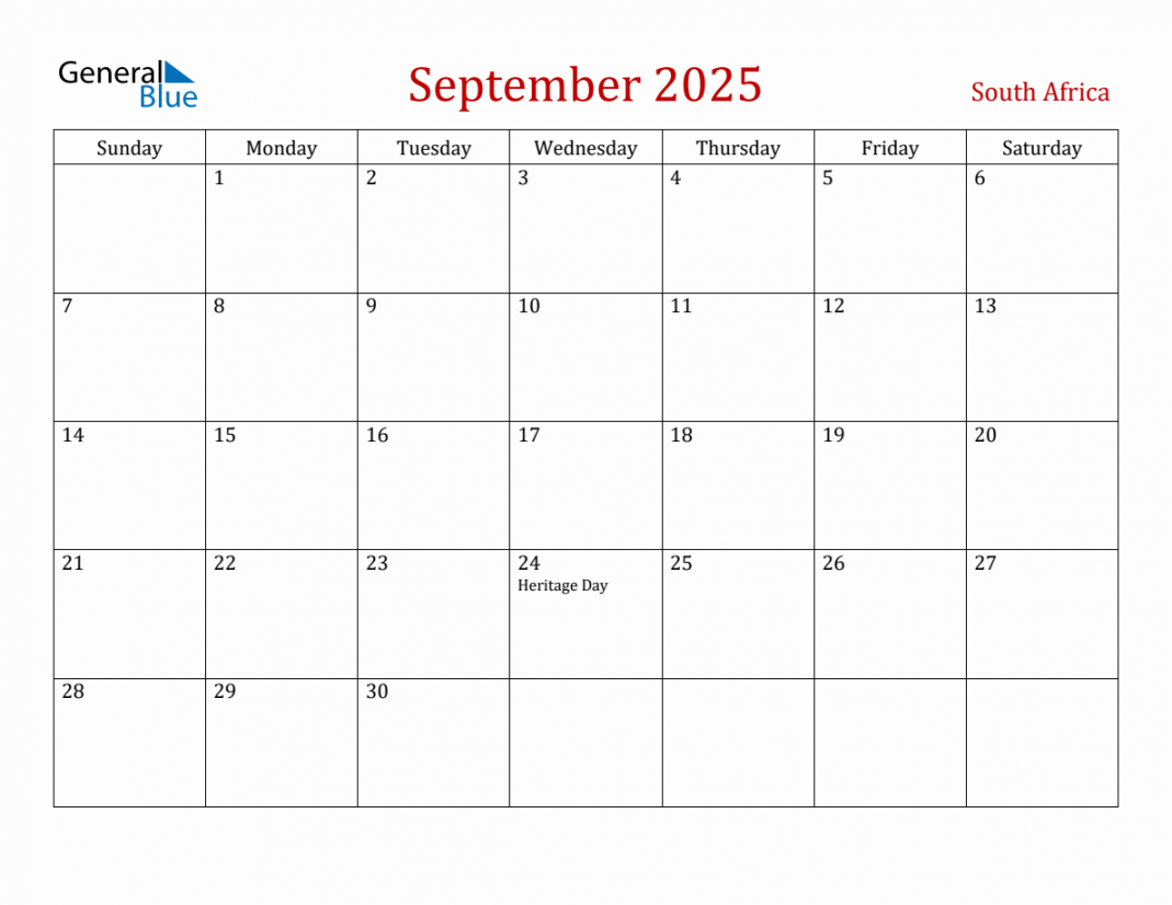 September  South Africa Monthly Calendar with Holidays