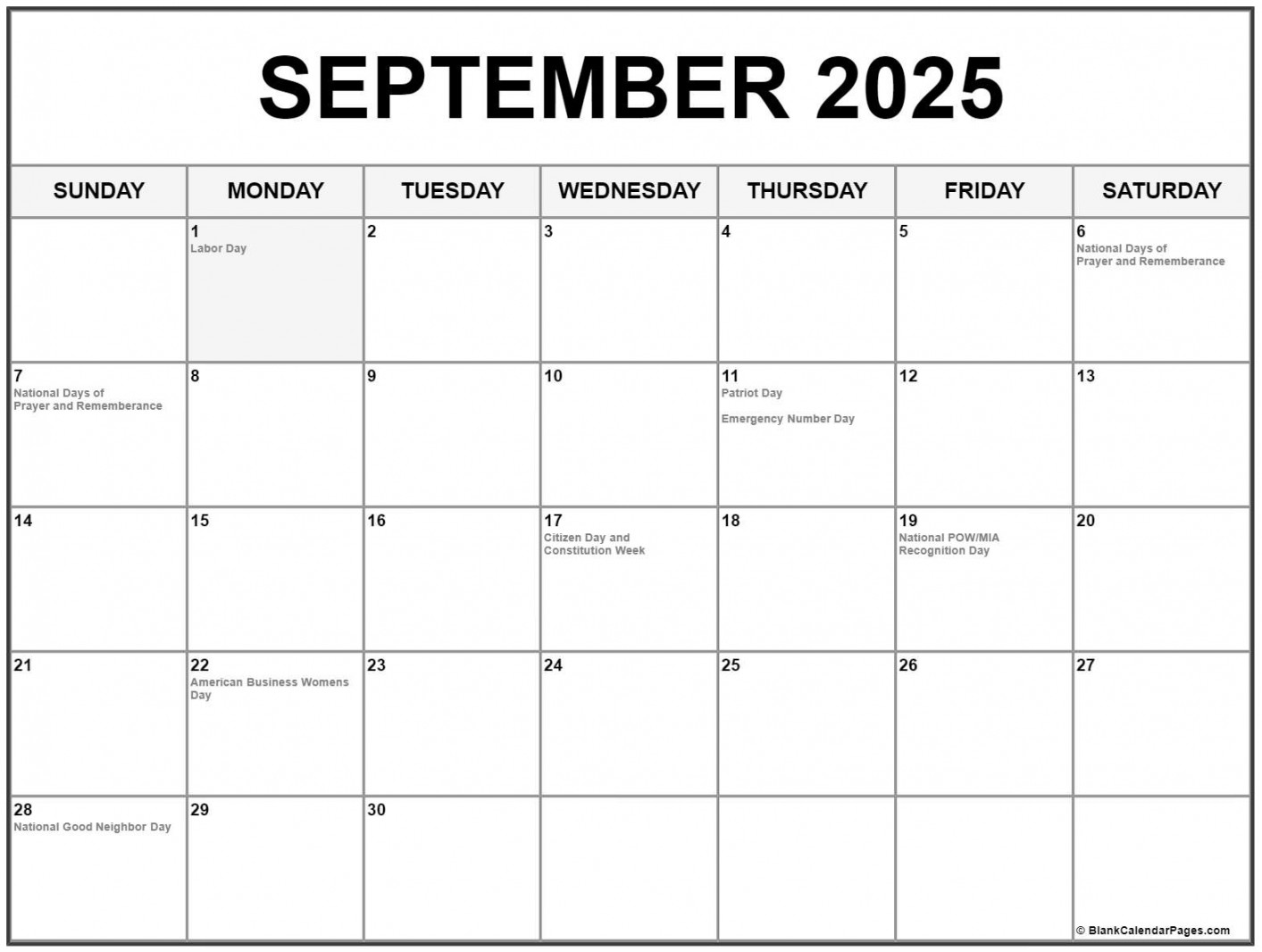 September  with holidays calendar