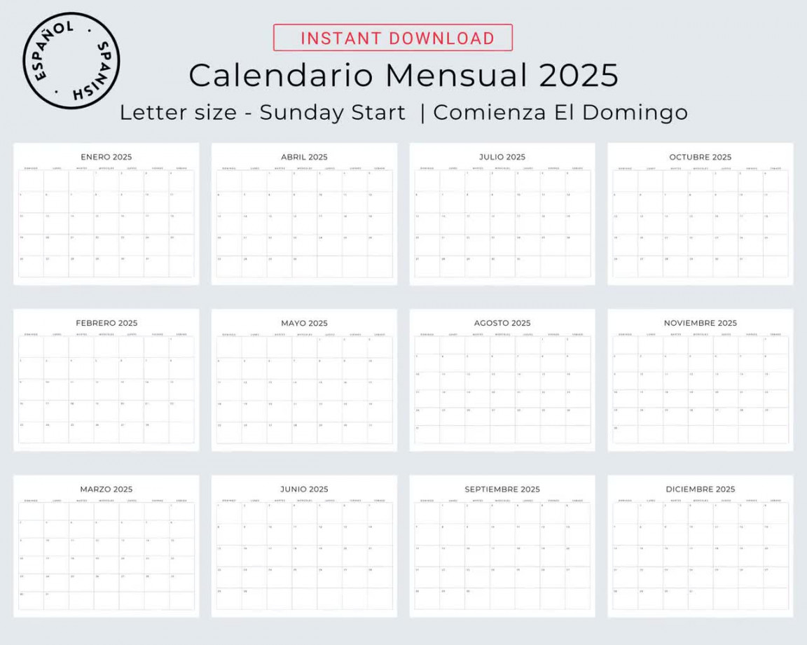 Spanish Calendar  Calendario Español  Planificadores   Monthly Planner in Spanish Minimal Calendar  A Letter Size PDF