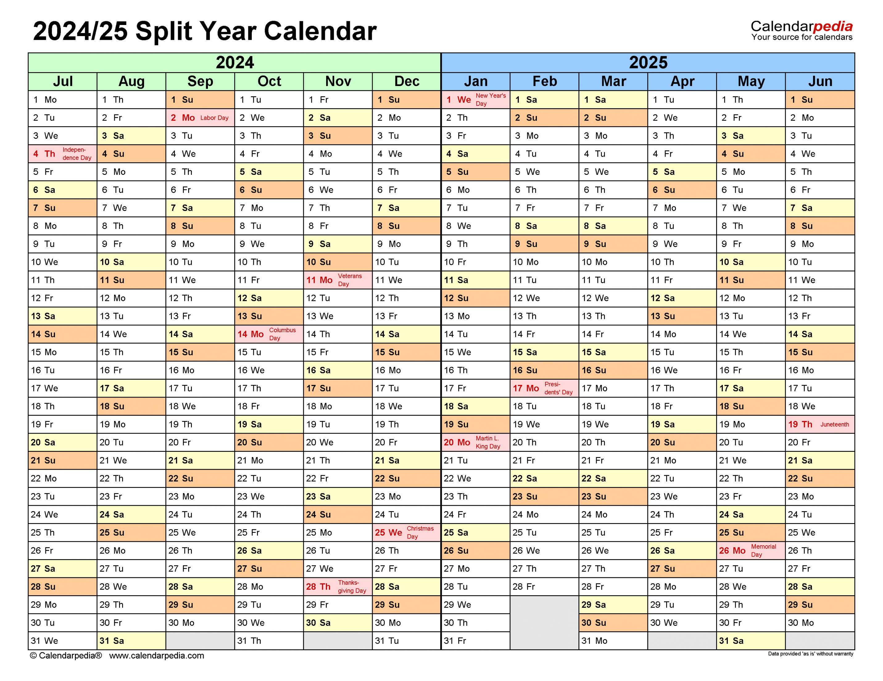 Split Year Calendars / (July to June) - Excel templates