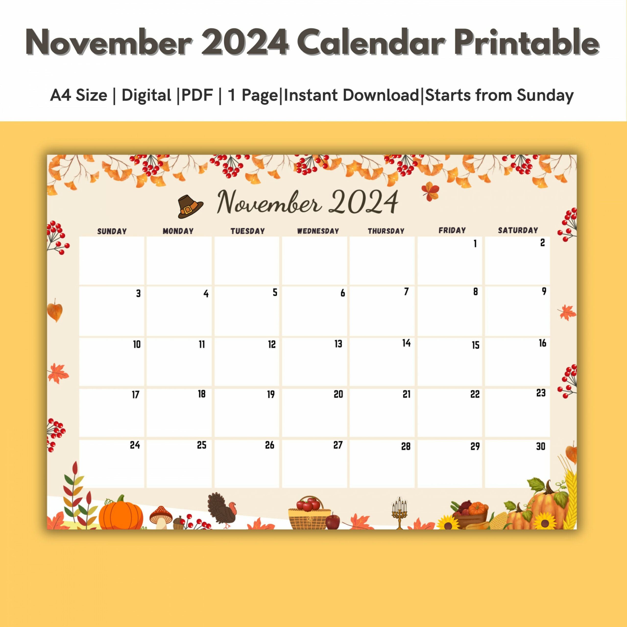 Thanksgiving  Calendar,fillable,november ,A Size