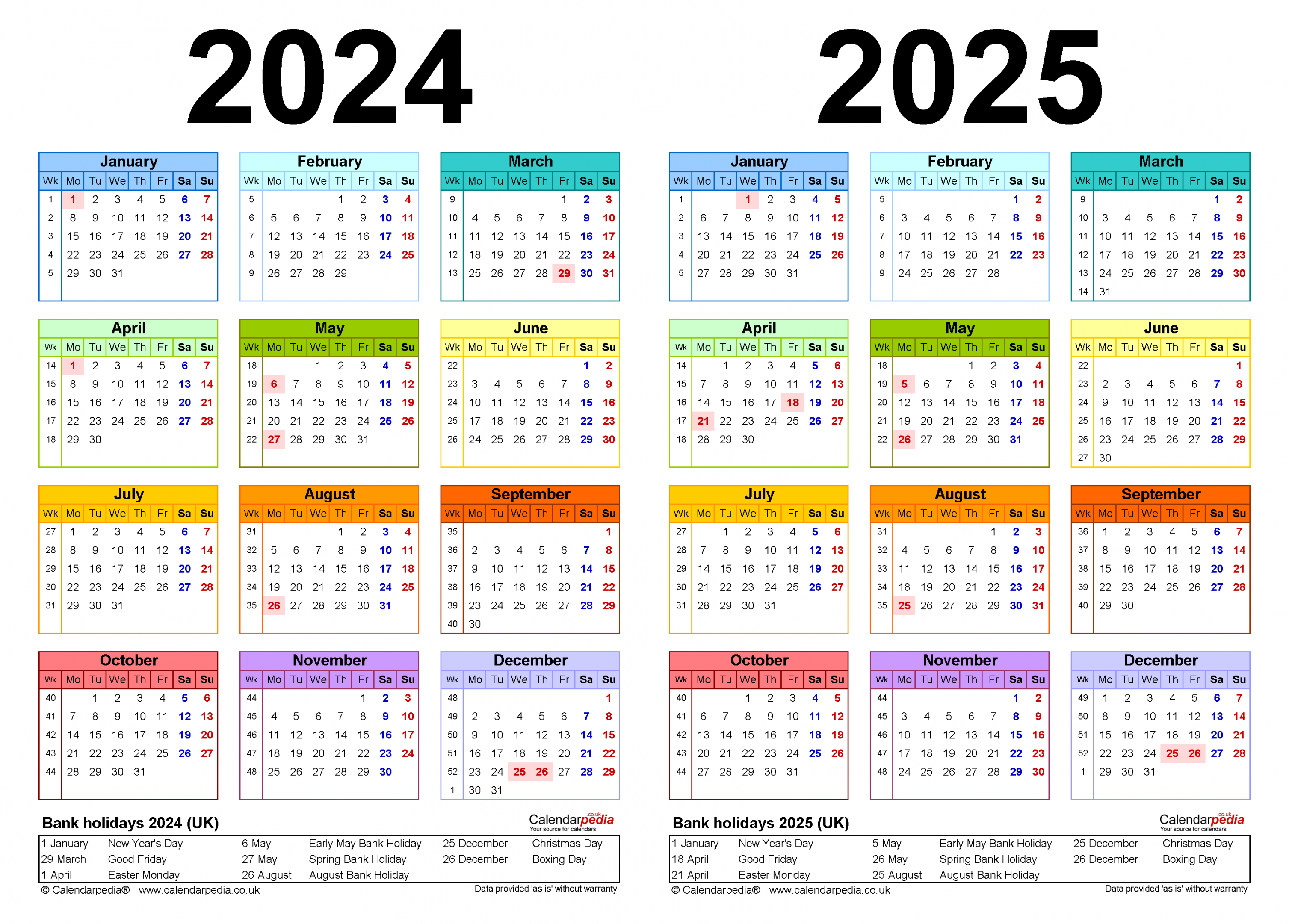 Two year calendars for  and  (UK) for PDF