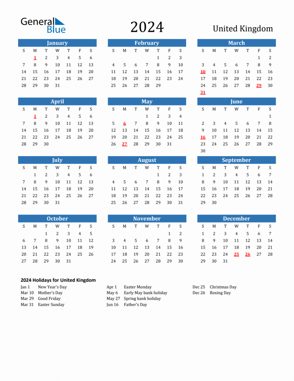 United Kingdom Calendar with Holidays