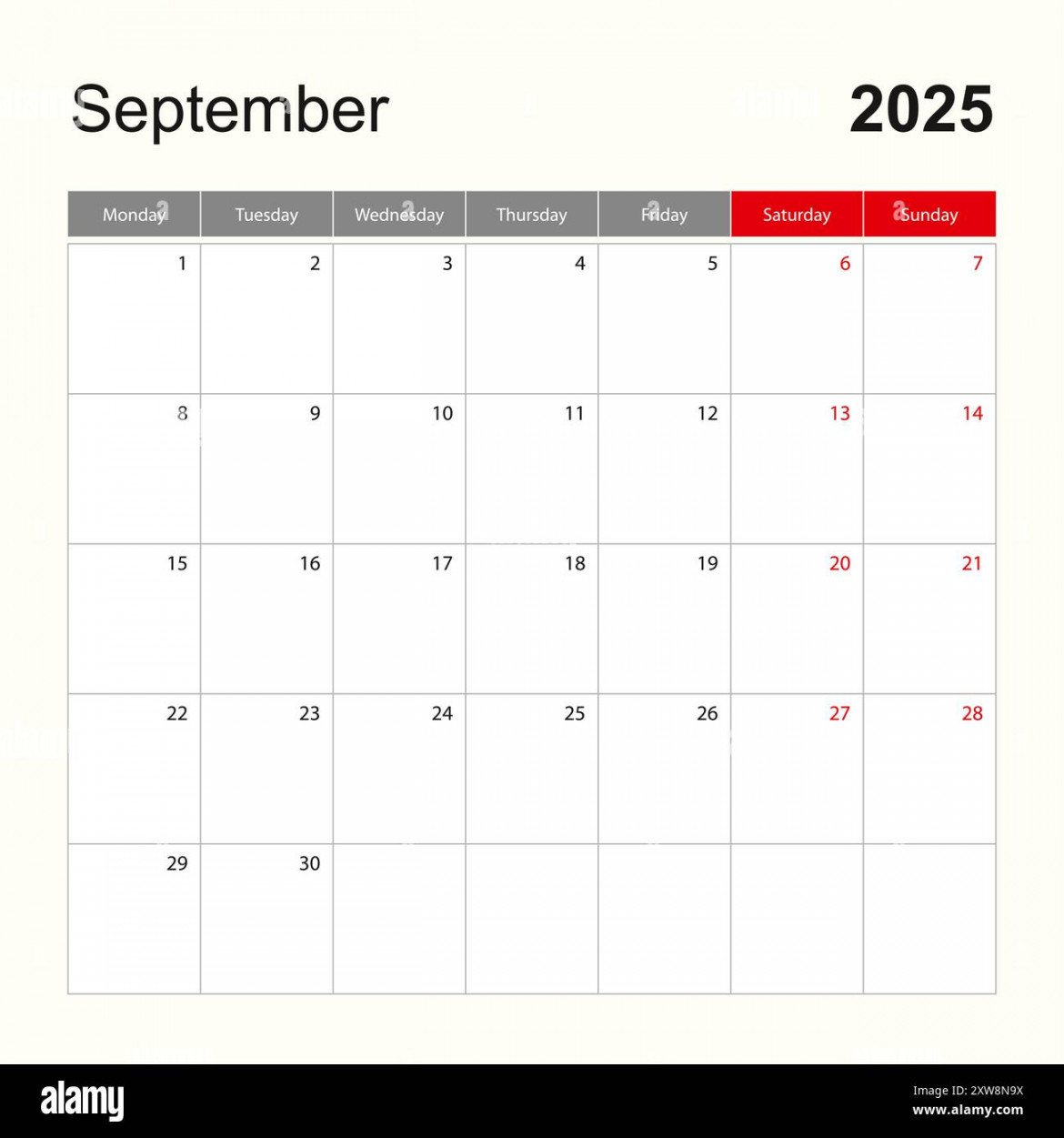 Wall calendar template for September