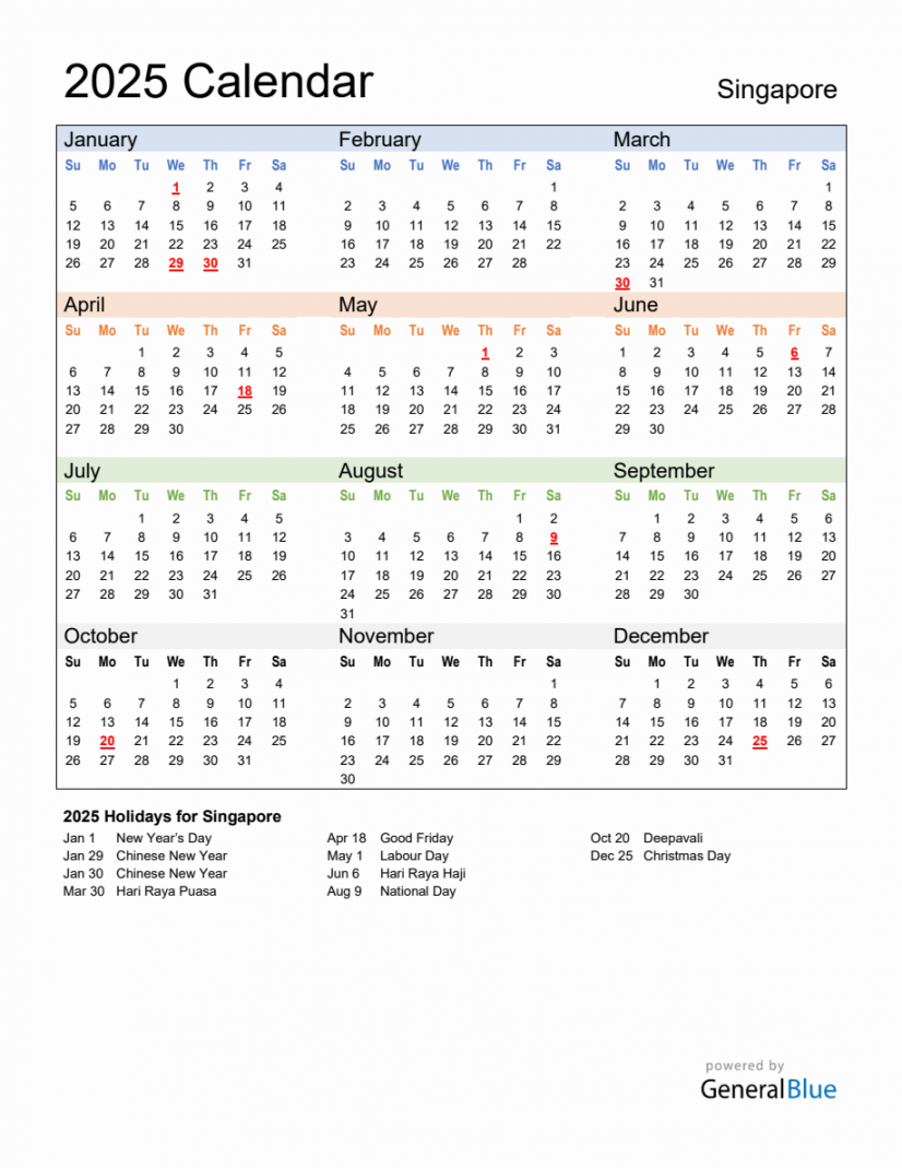 Annual Calendar  with Singapore Holidays