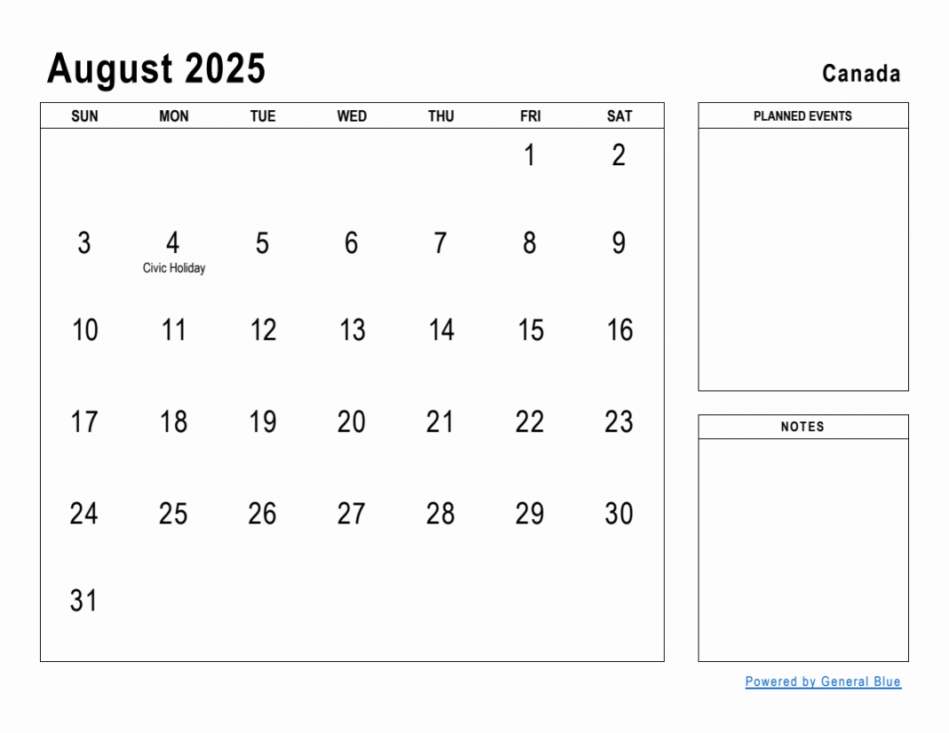 August  Planner with Canada Holidays