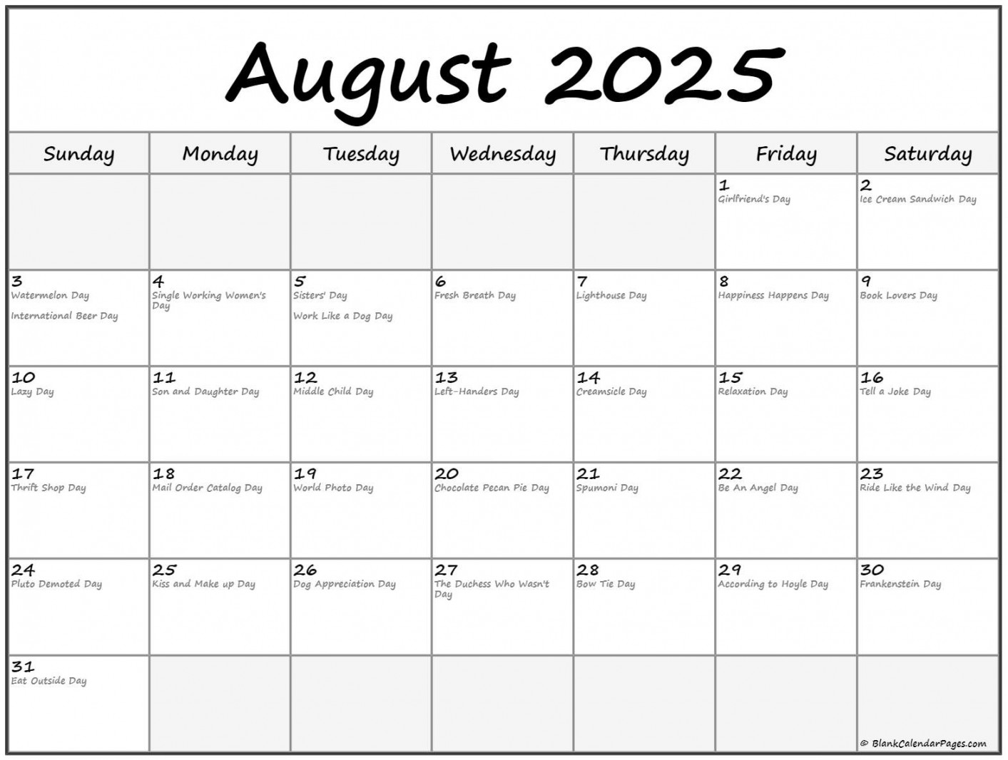 August  with holidays calendar