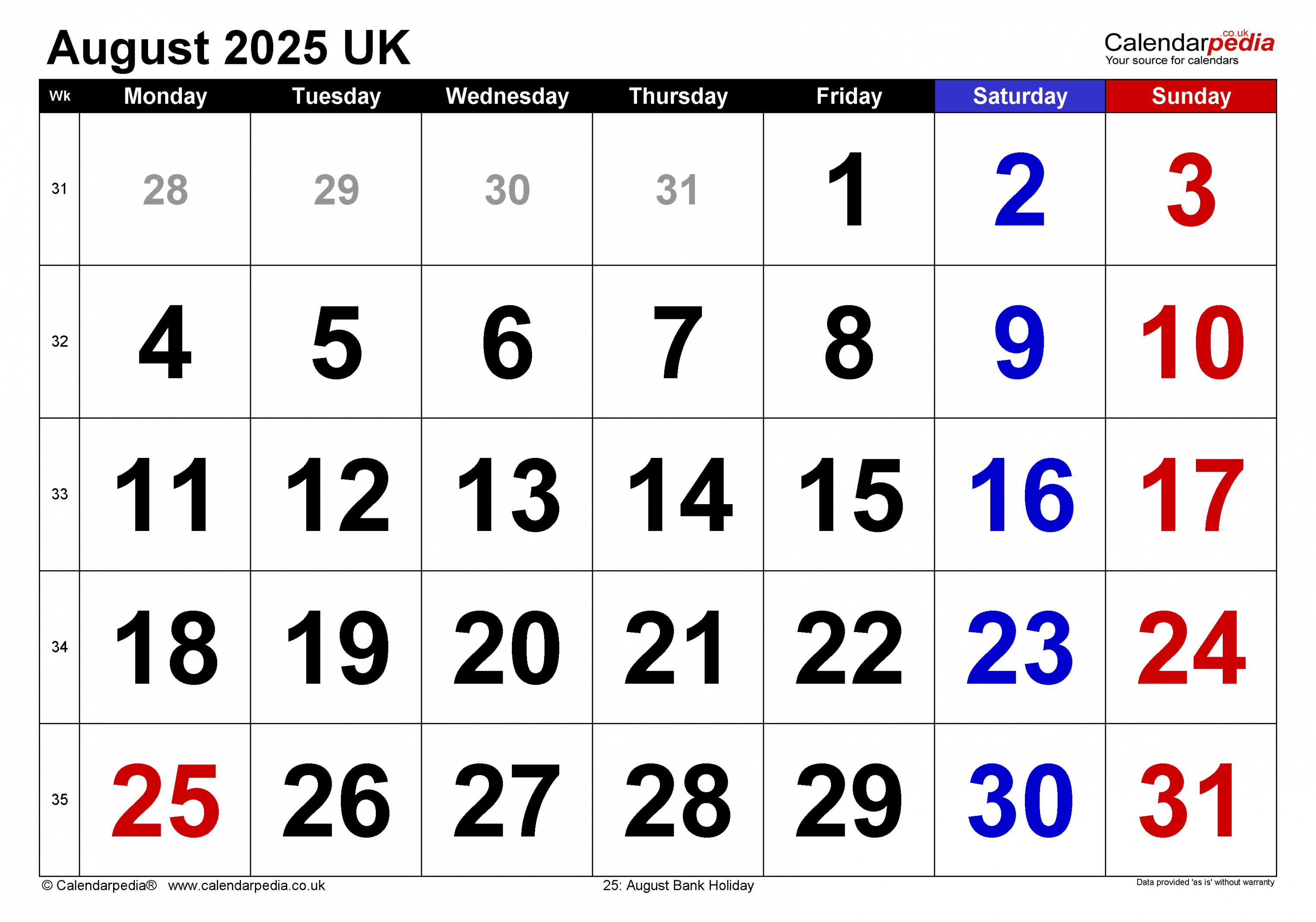 Calendar August  UK with Excel, Word and PDF templates