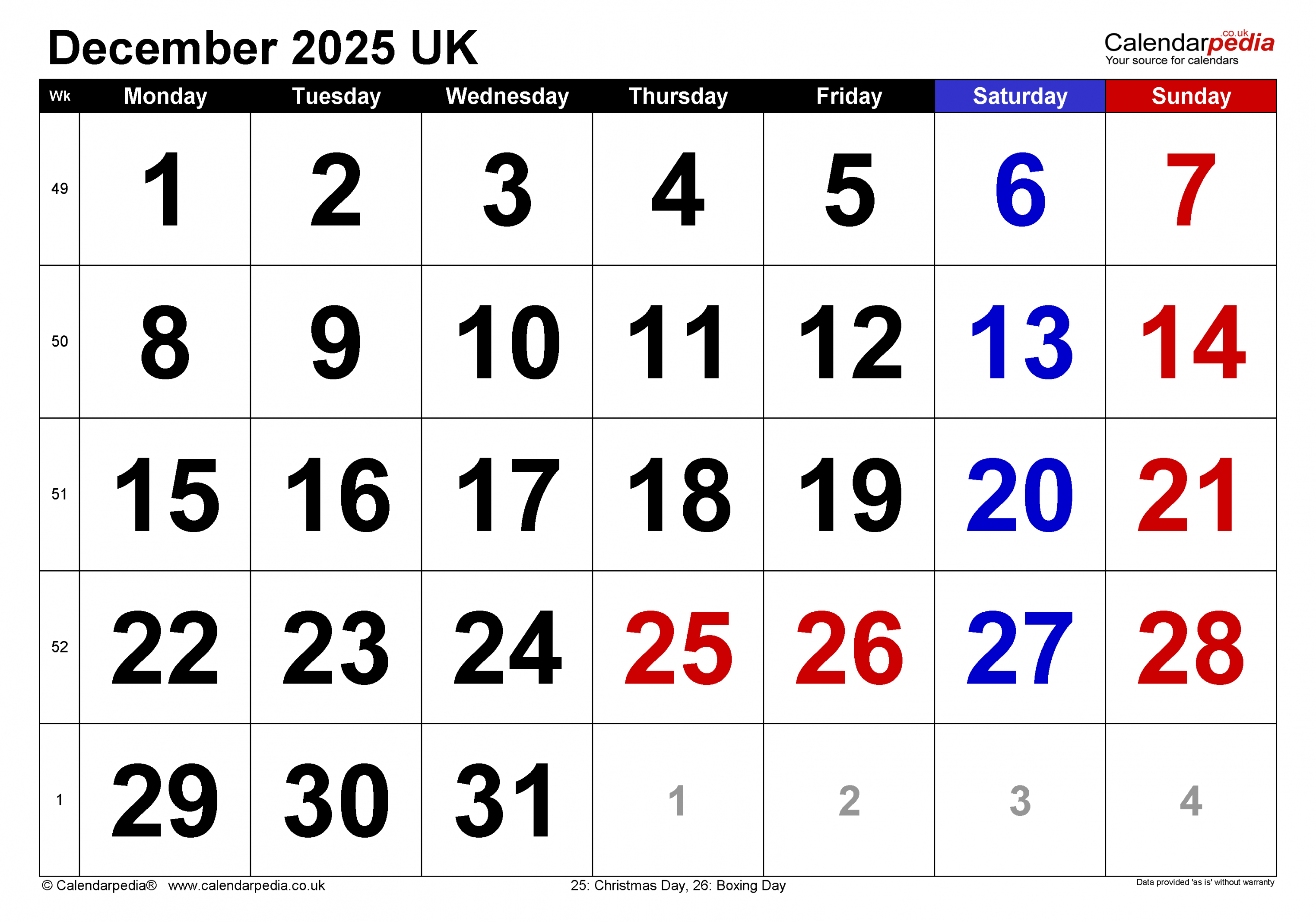 Calendar December  UK with Excel, Word and PDF templates