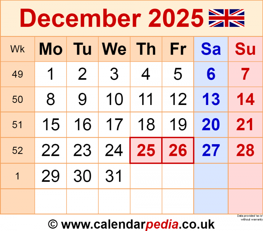 Calendar December  UK with Excel, Word and PDF templates