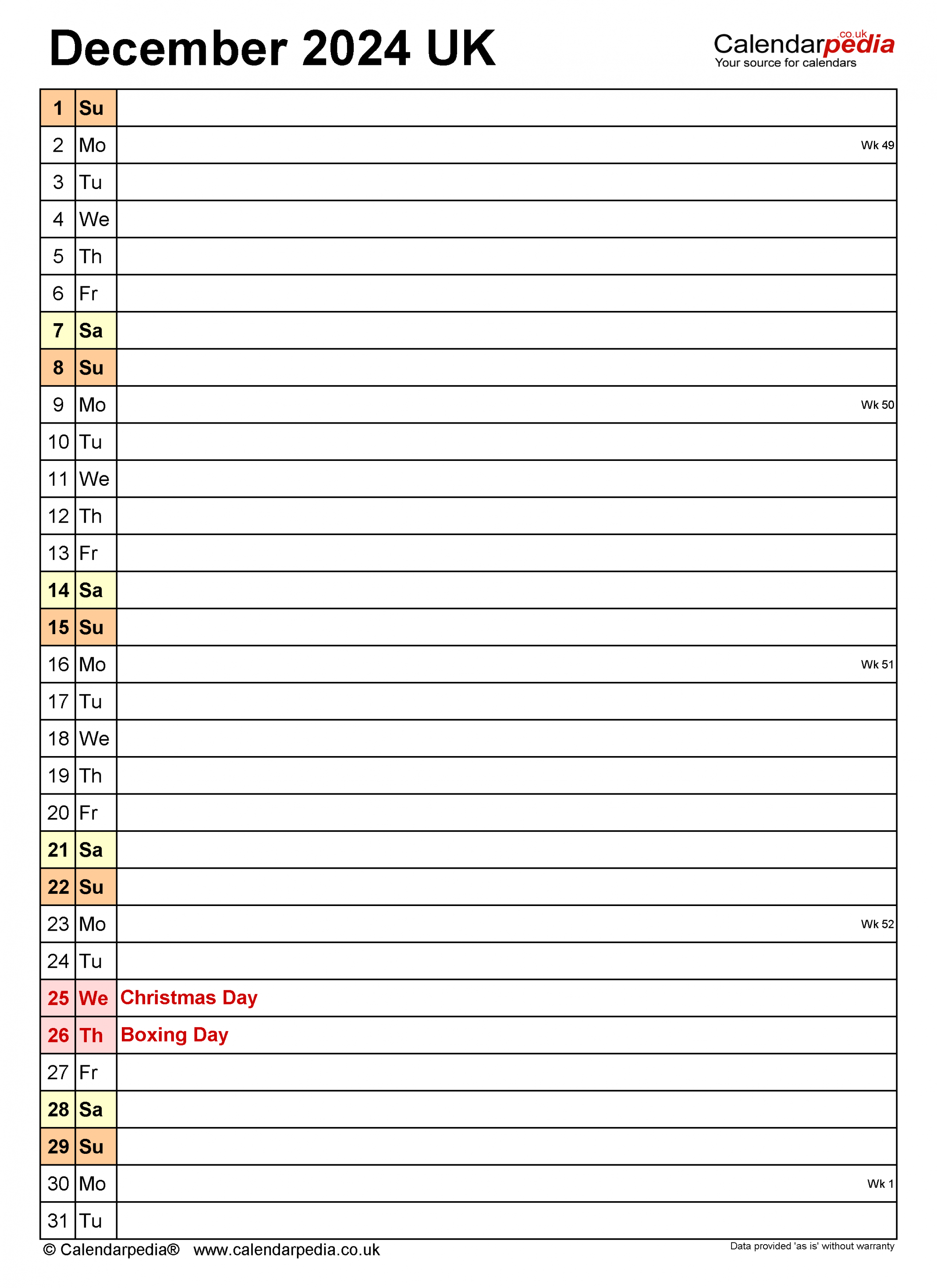 Calendar December  UK with Excel, Word and PDF templates