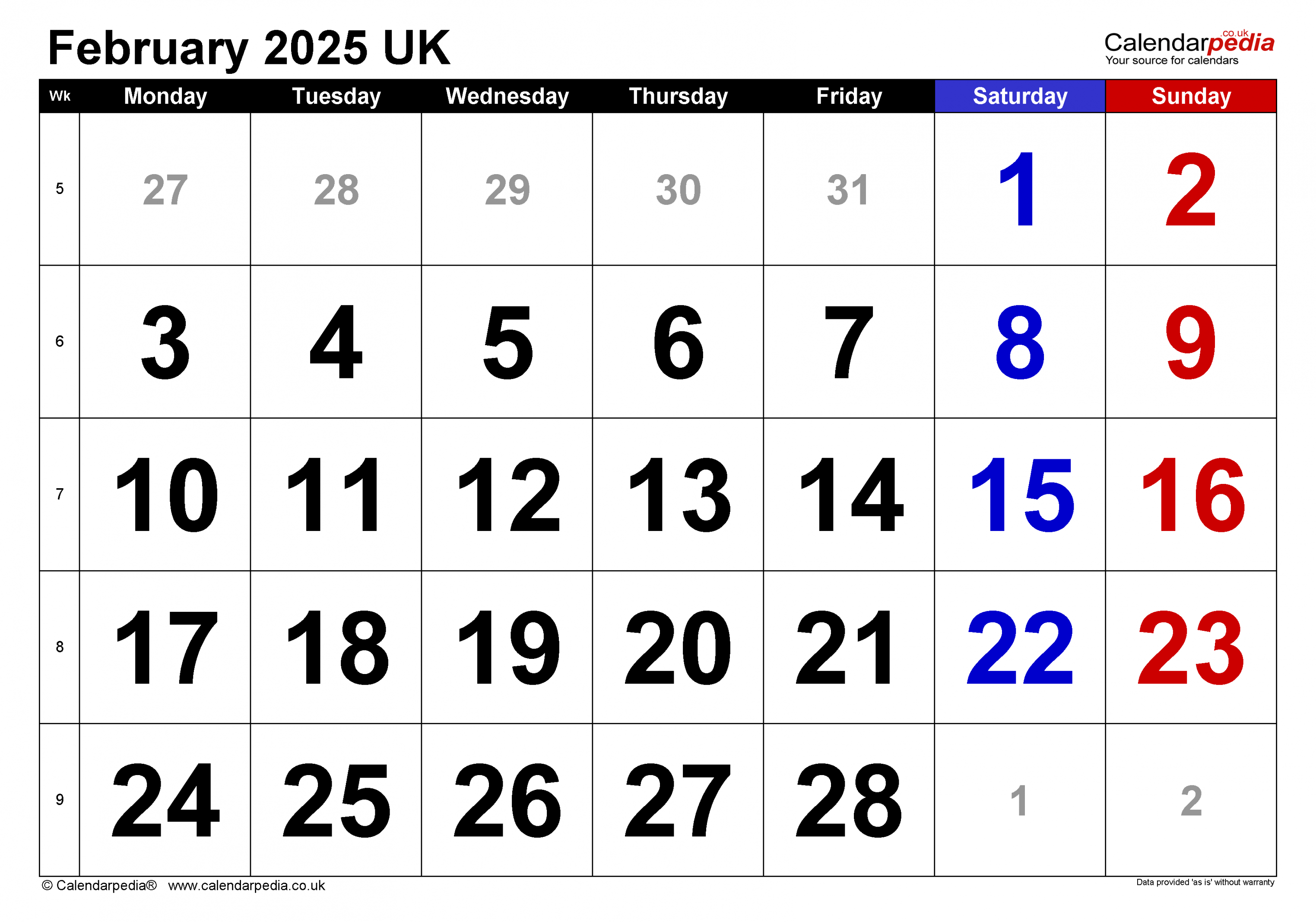 Calendar February  UK with Excel, Word and PDF templates