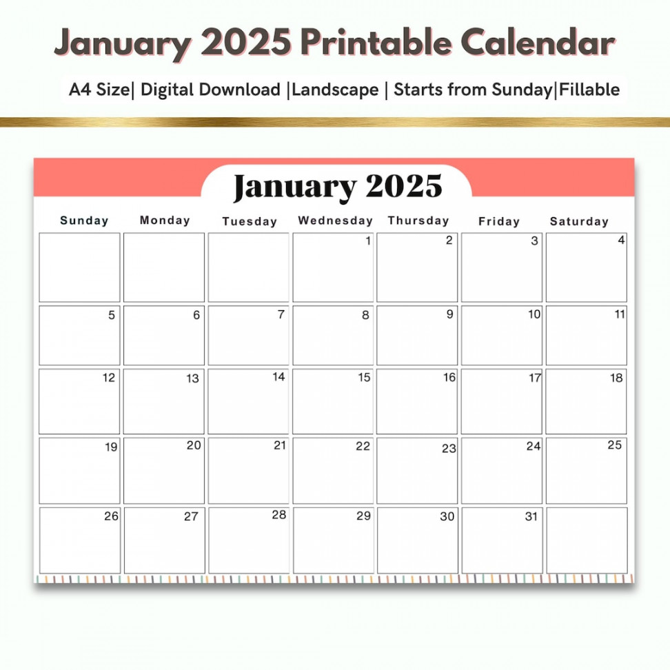 Calendar for January ,A Size,pdf,jan ,digital Download