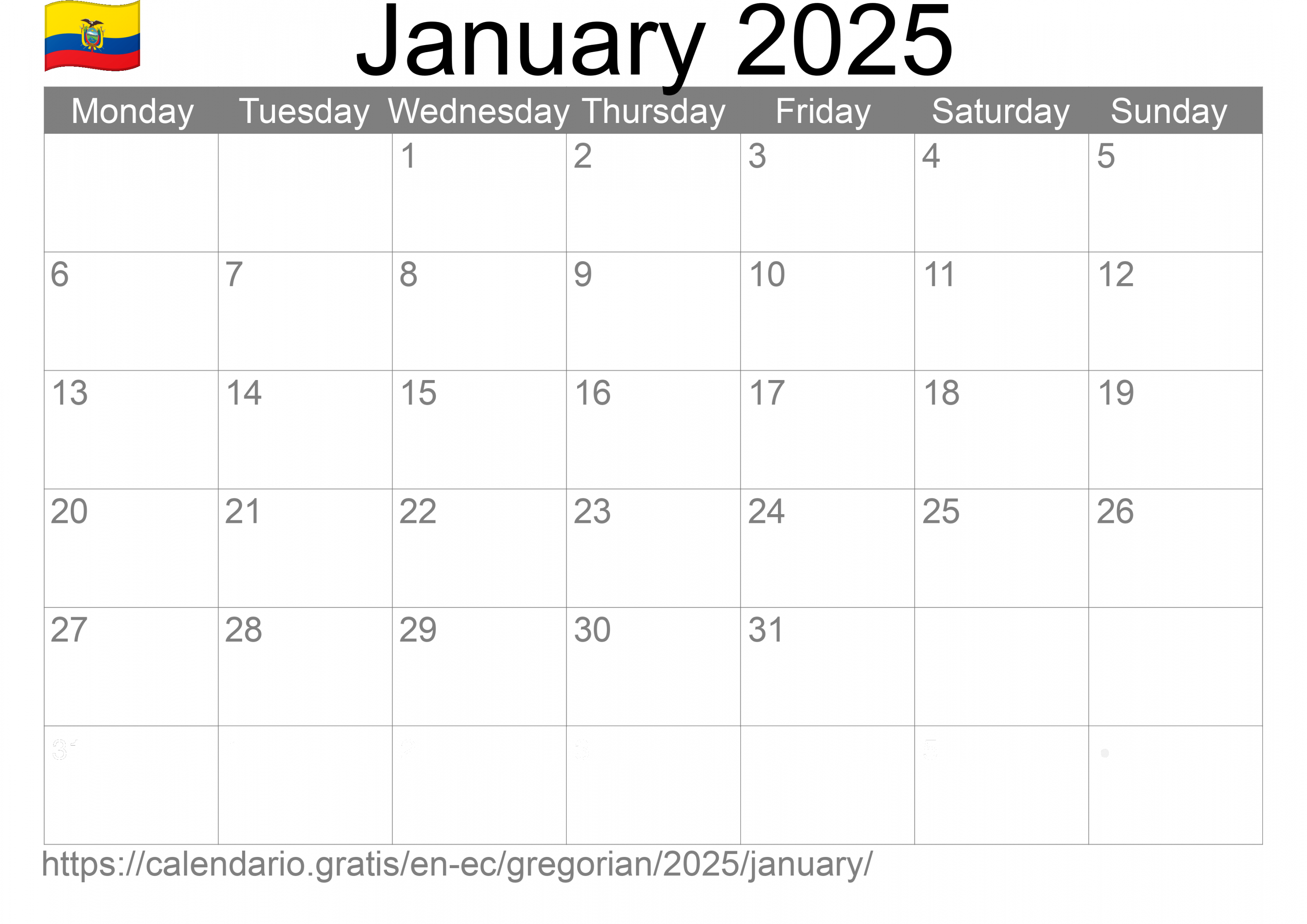 Calendar January  from Ecuador in English: Holidays and moon phase