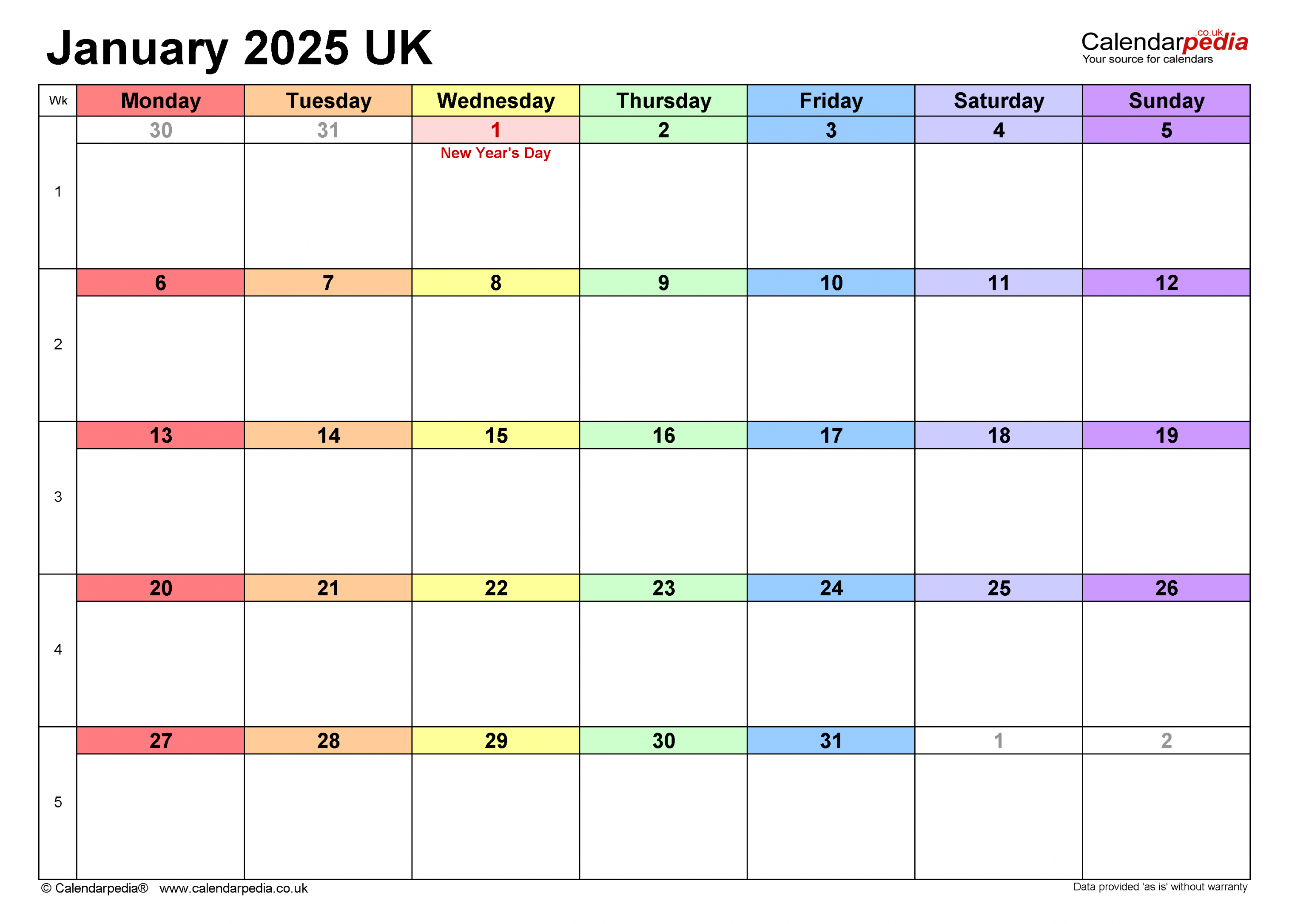 Calendar January  UK with Excel, Word and PDF templates