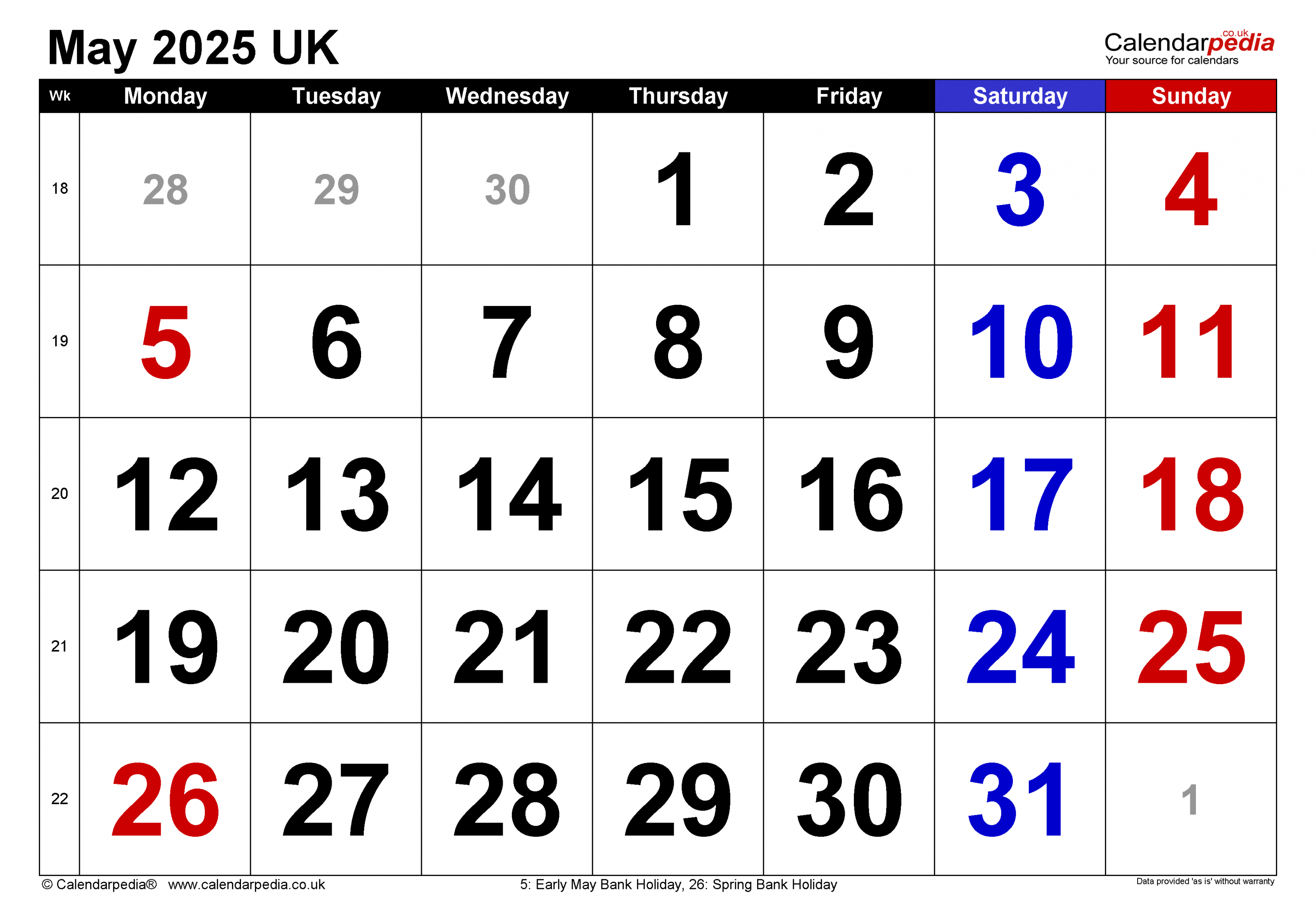 Calendar May  UK with Excel, Word and PDF templates