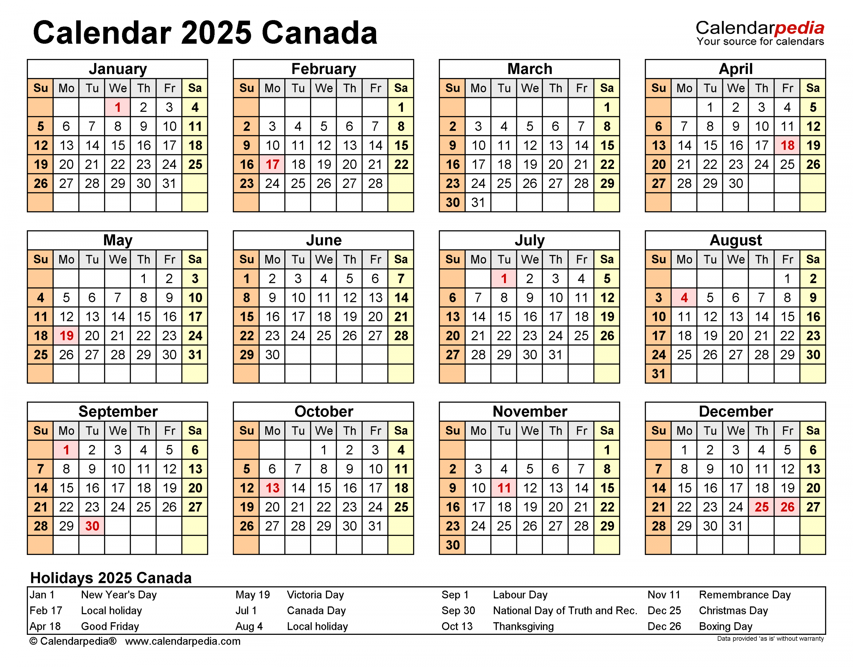 Canada Calendar  - Free Printable Excel templates