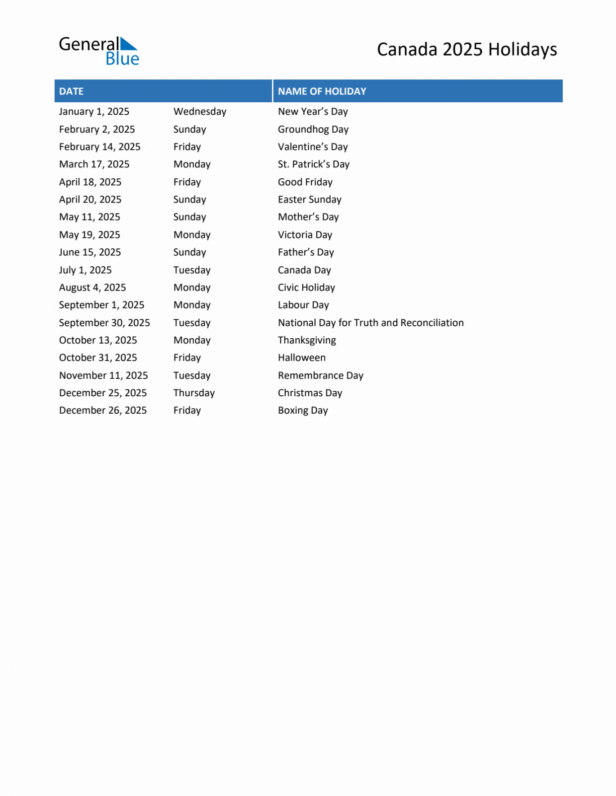 Canada List of Holidays in PDF, Word, and Excel