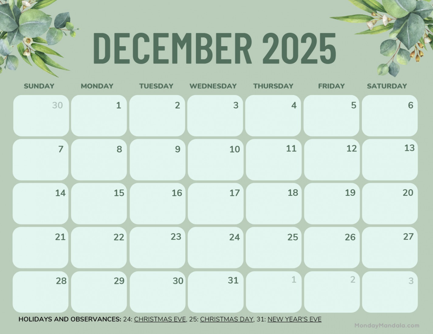 December  Calendar ( Free PDF Printables)