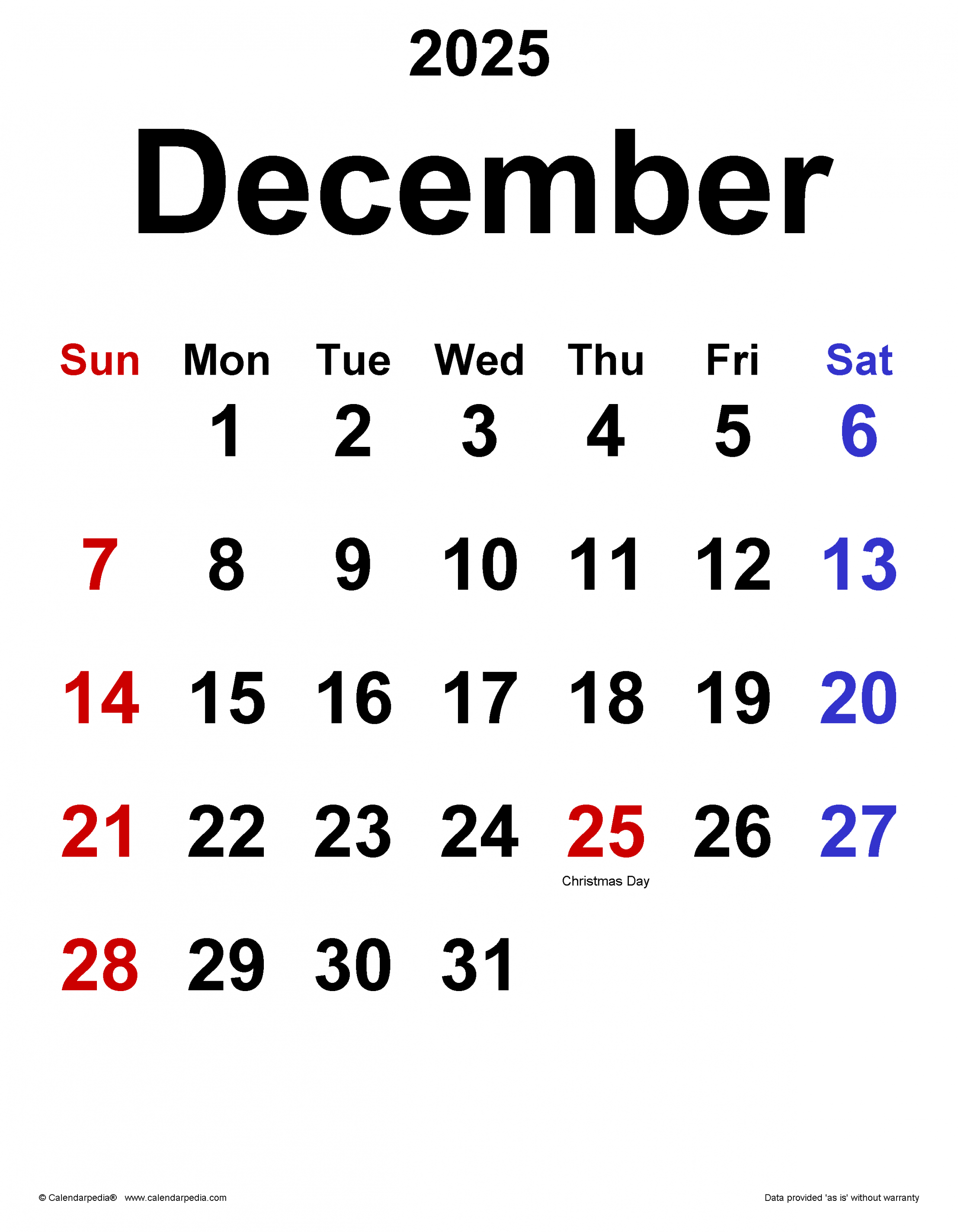 December  Calendar  Templates for Word, Excel and PDF