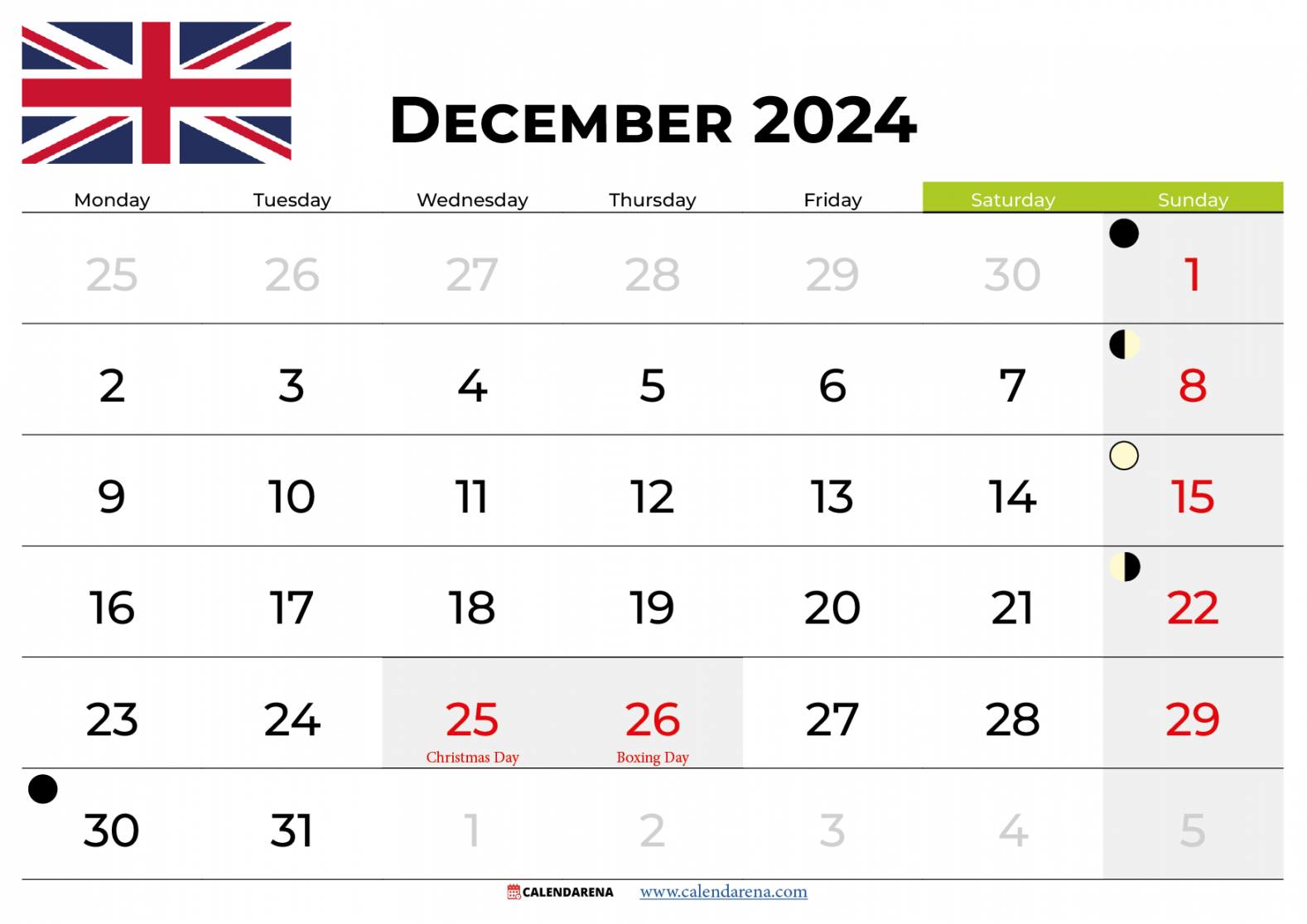 December  Calendar Uk