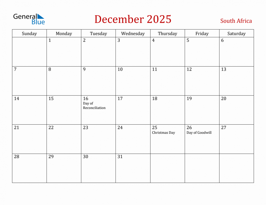 December  South Africa Monthly Calendar with Holidays